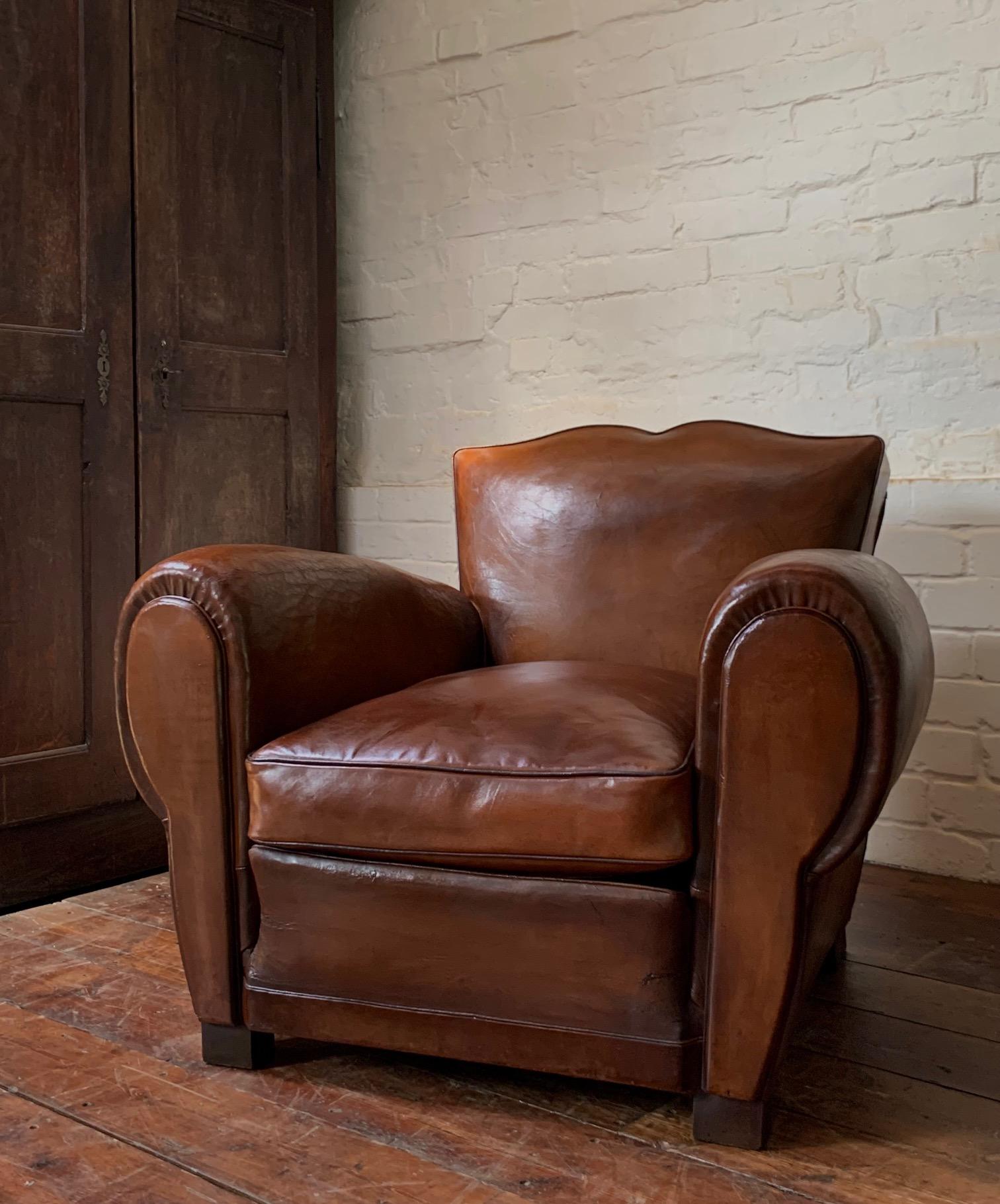 A Stunning Pair of French Leather Club Chairs, Havana Moustache Models, C1950's 3