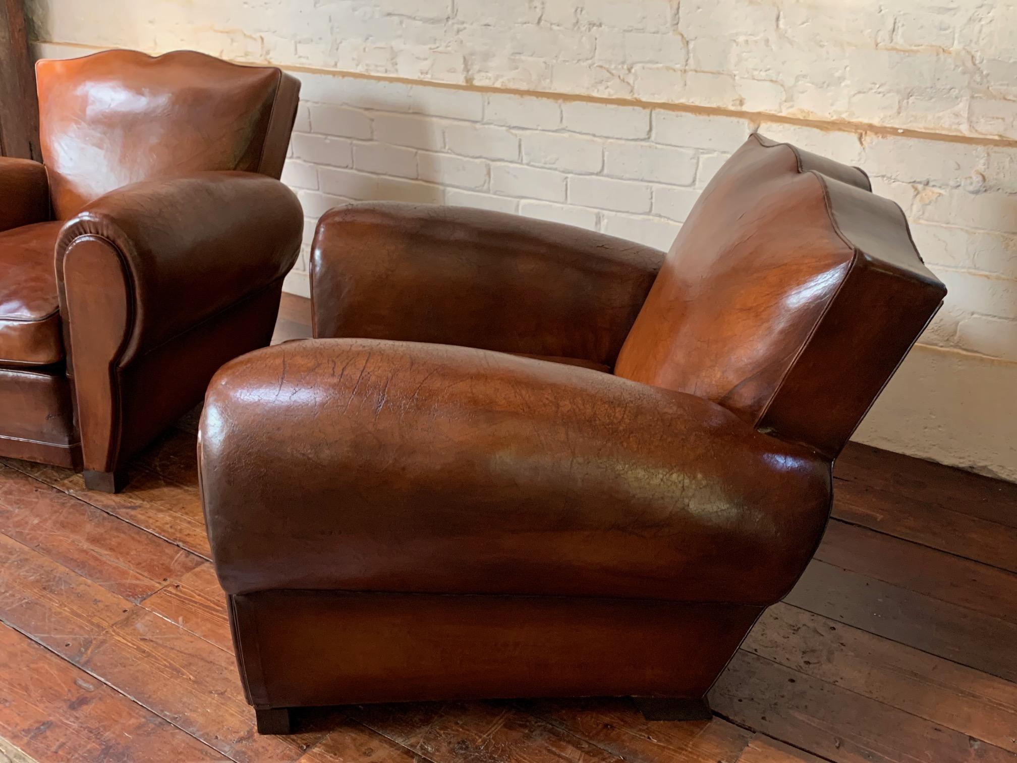 A Stunning Pair of French Leather Club Chairs, Havana Moustache Models, C1950's 4
