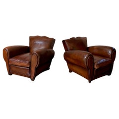 A Stunning Pair of French Leather Club Chairs, Havana Moustache Models, C1950's
