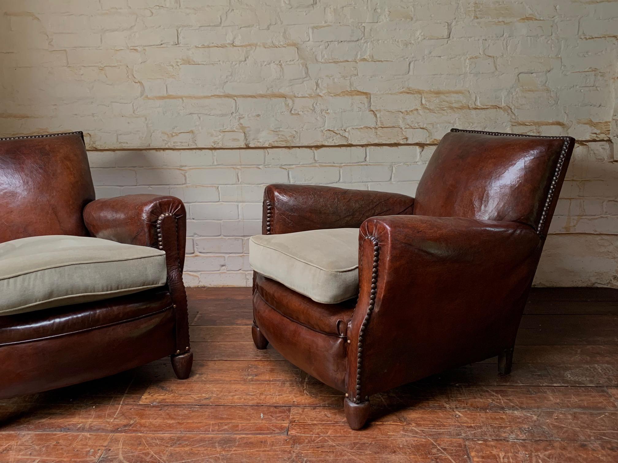 A Stunning Pair of French Leather club Chairs, Normandy Model Circa 1920’s For Sale 6