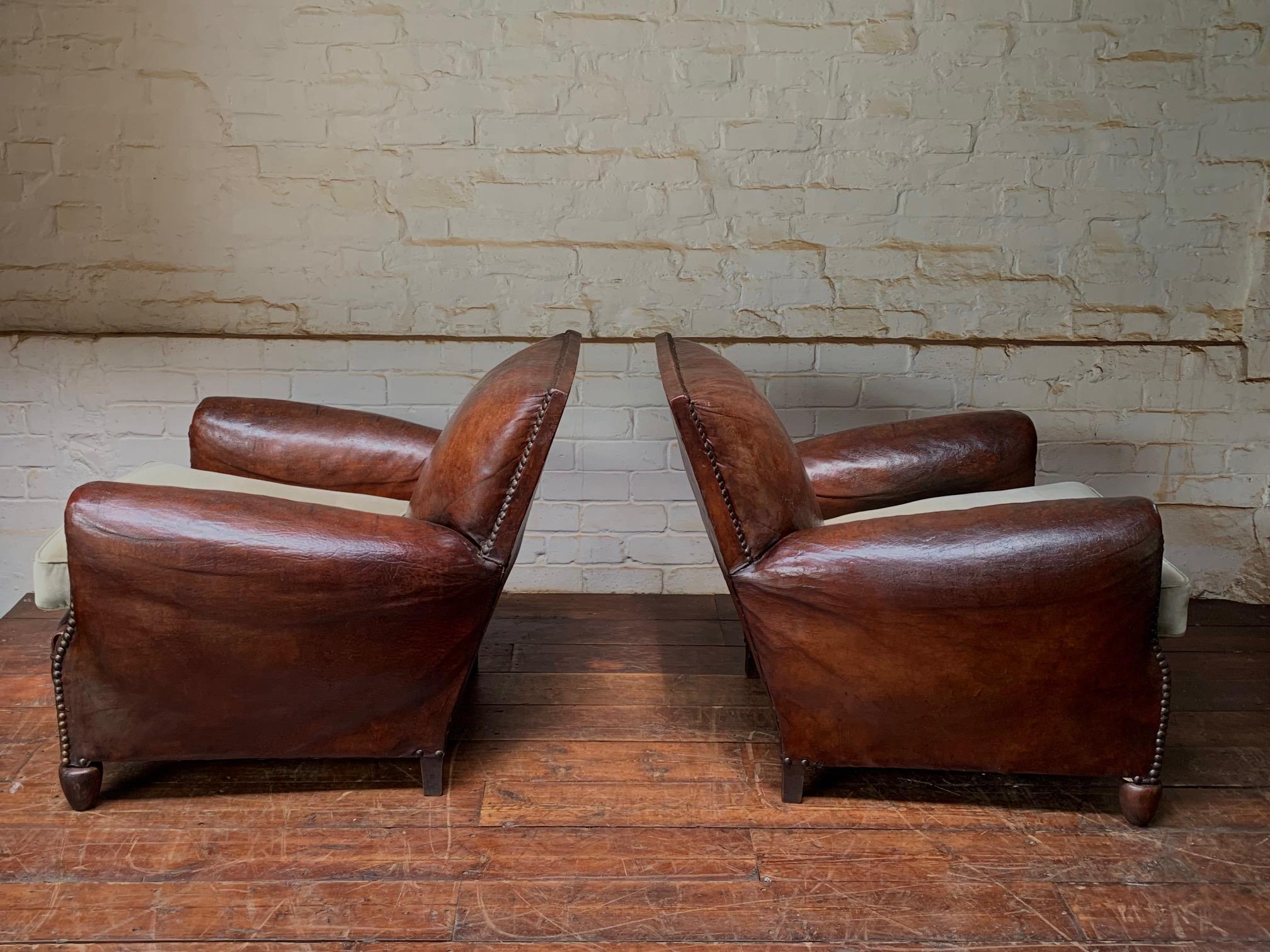 Art Deco A Stunning Pair of French Leather club Chairs, Normandy Model Circa 1920’s For Sale