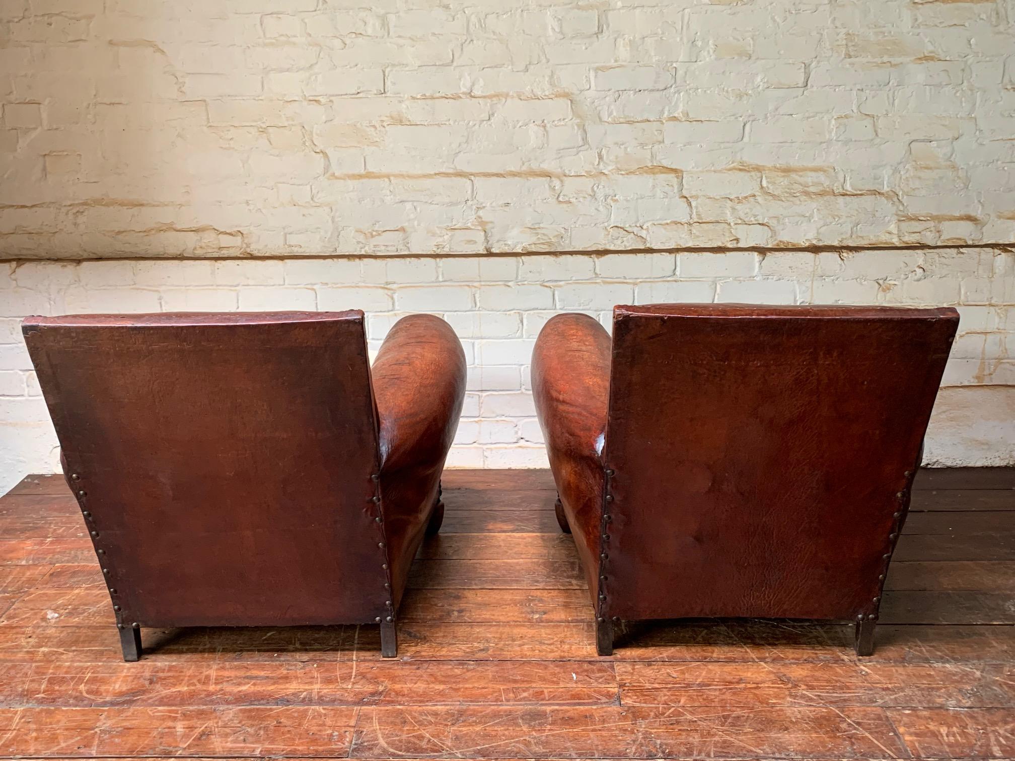 A Stunning Pair of French Leather club Chairs, Normandy Model Circa 1920’s In Good Condition For Sale In Hastings, GB