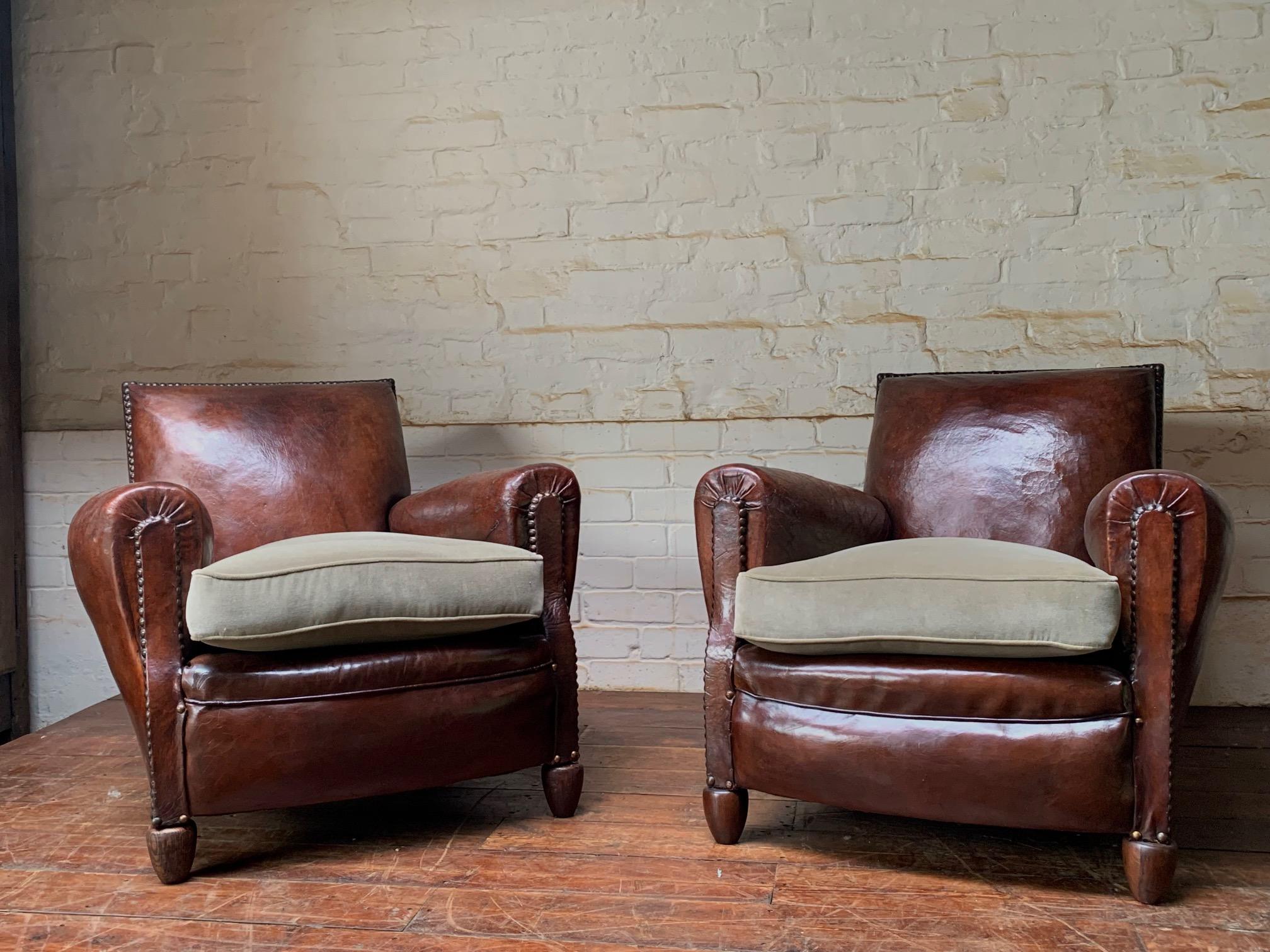 A Stunning Pair of French Leather club Chairs, Normandy Model Circa 1920’s For Sale 1