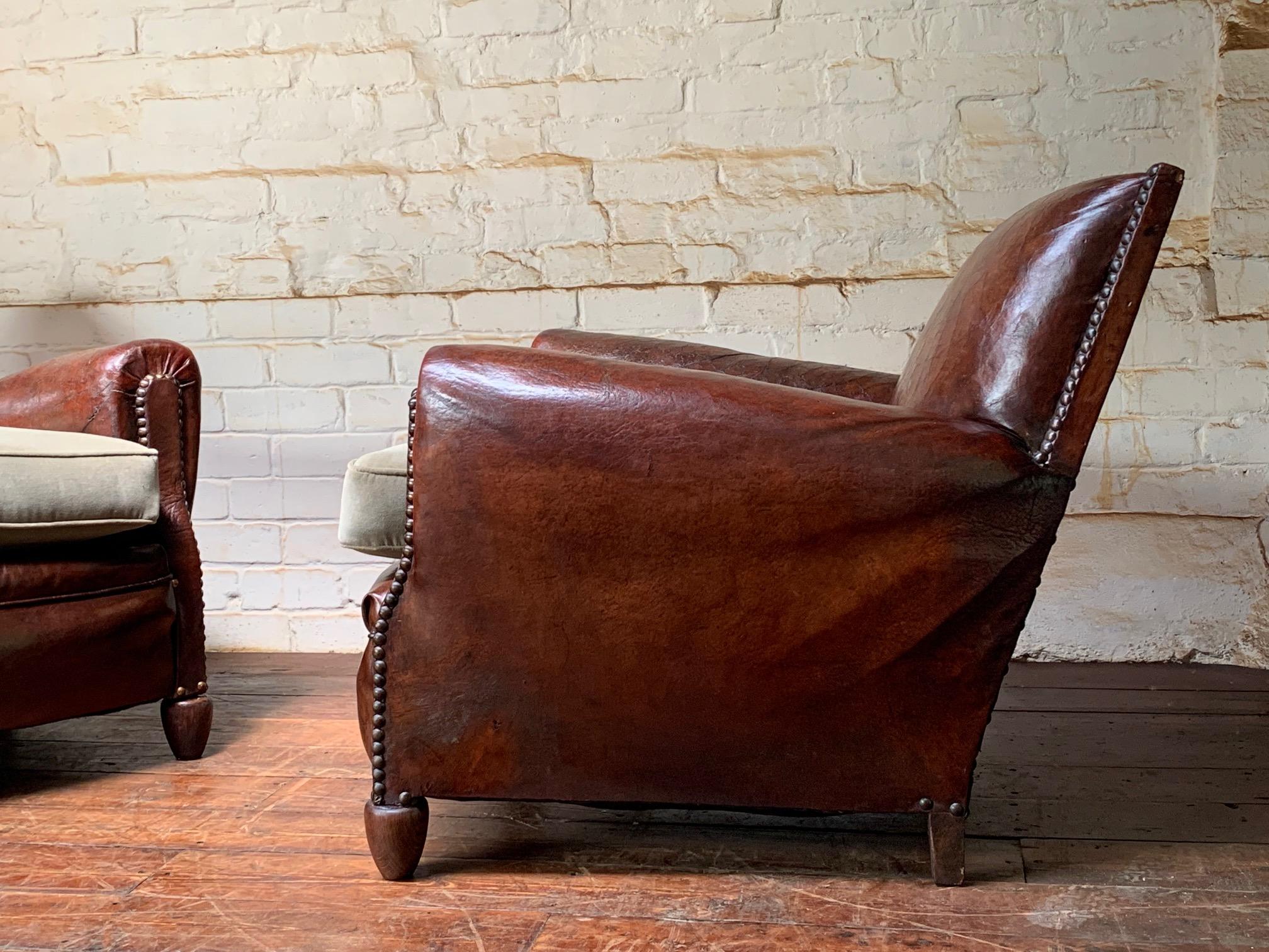 A Stunning Pair of French Leather club Chairs, Normandy Model Circa 1920’s For Sale 3