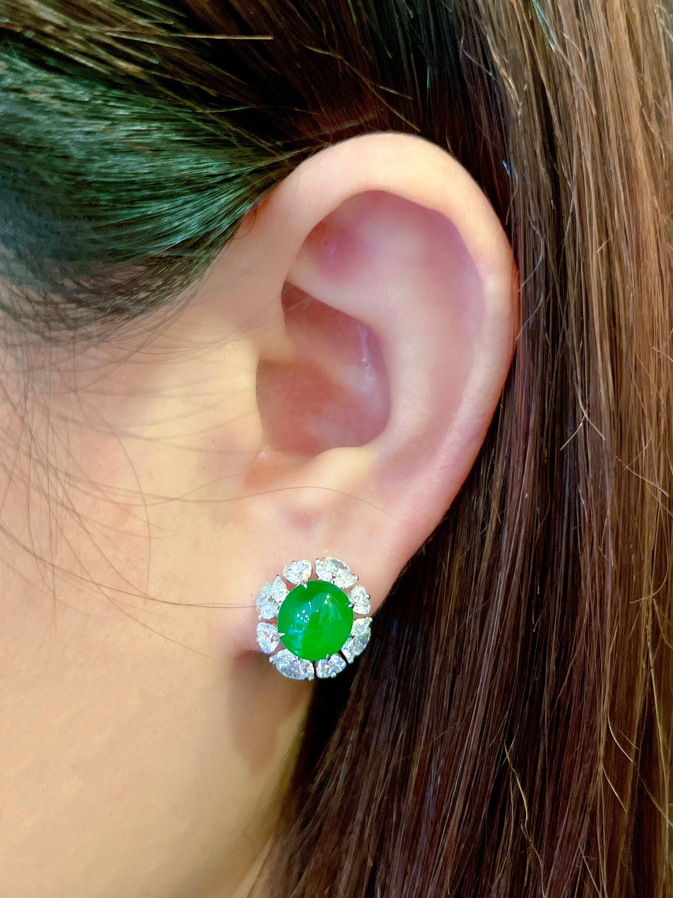 Women's A Stunning Pair of Imperial Green Jadeite and Diamond Earrings in 18 Karat Gold For Sale