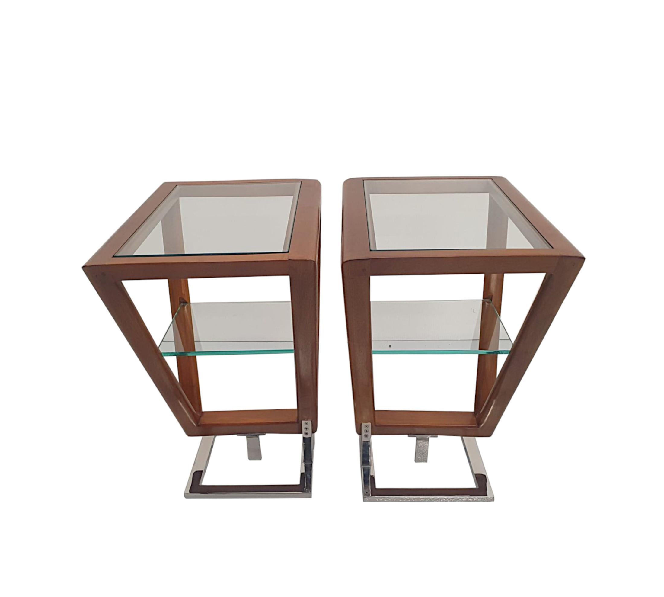 A stunning pair of side tables in the Art Deco style of exceptional quality and with a striking clean simple design.  The glazed top and lower shelf are set within a fabulous, finely carved and richly patinated cherrywood triangular support,