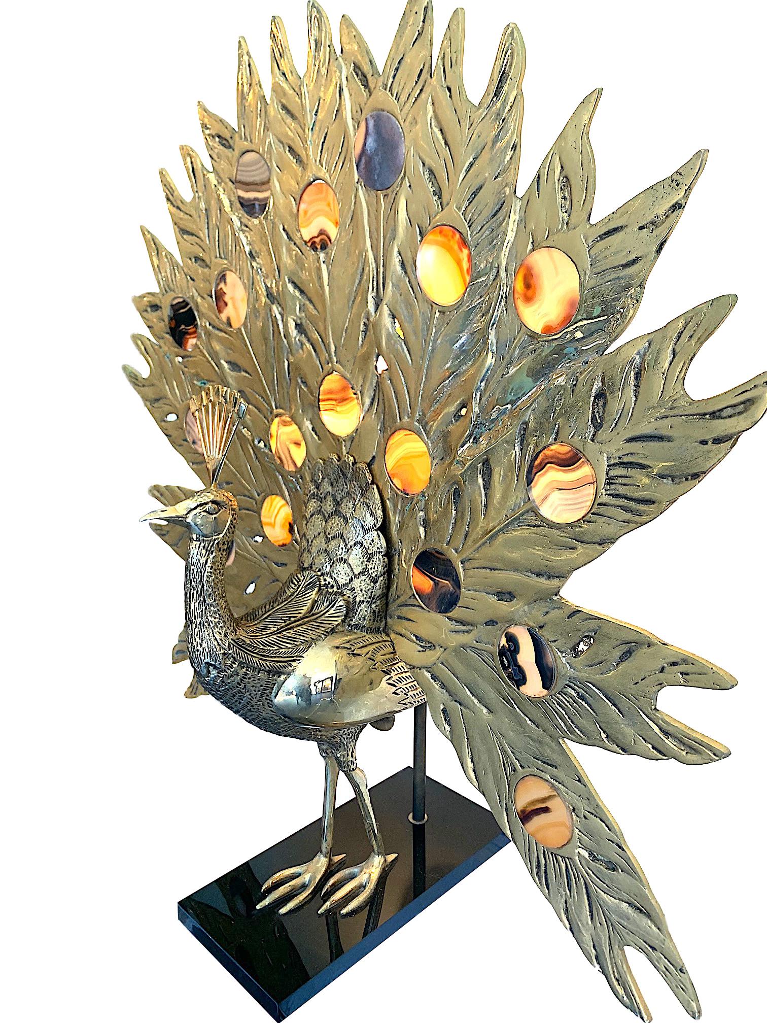 Stunning Rare Large Brass Peacock Lamp with Agate Backlit Tail by Fondica  4