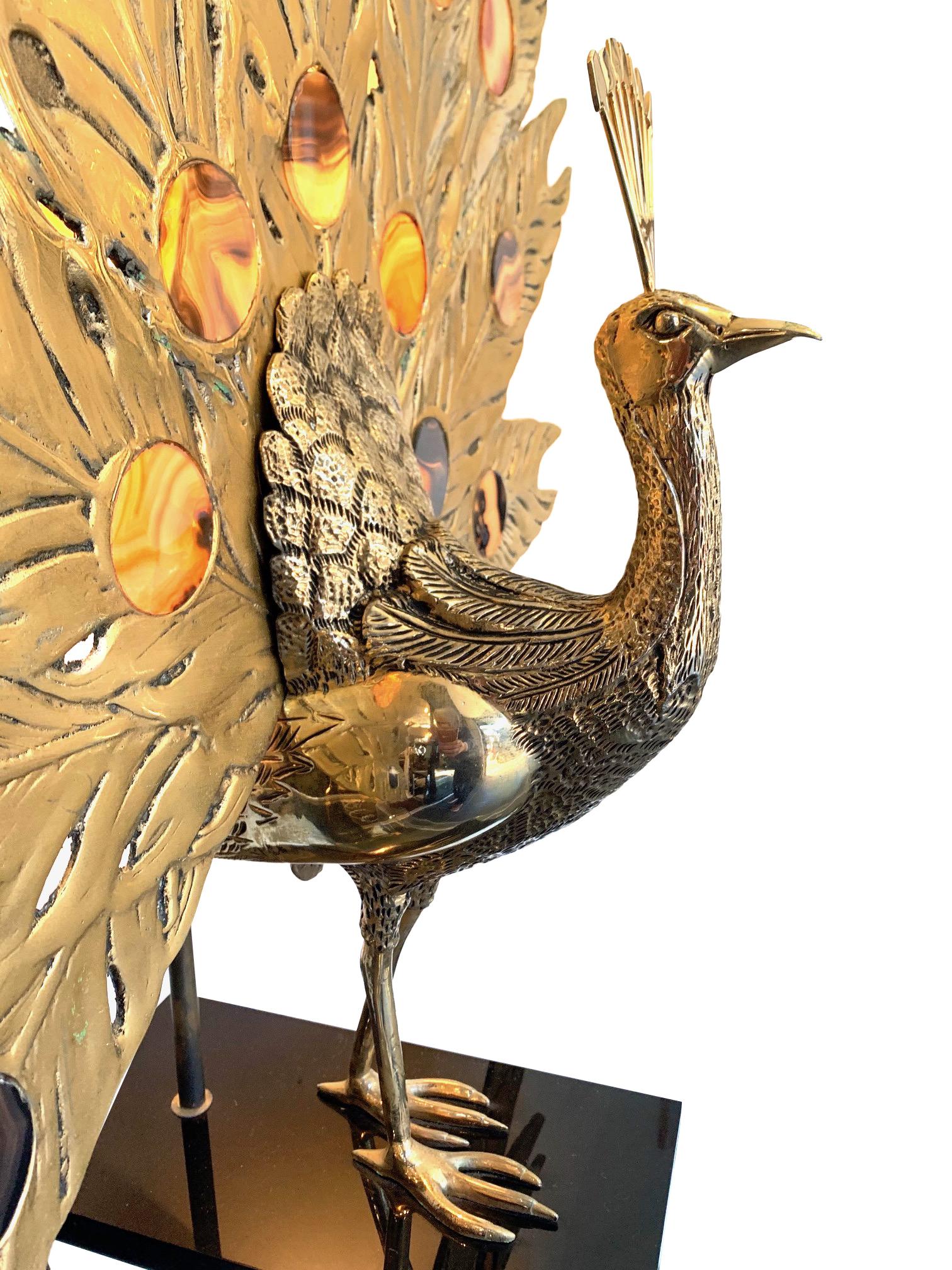 Stunning Rare Large Brass Peacock Lamp with Agate Backlit Tail by Fondica 5