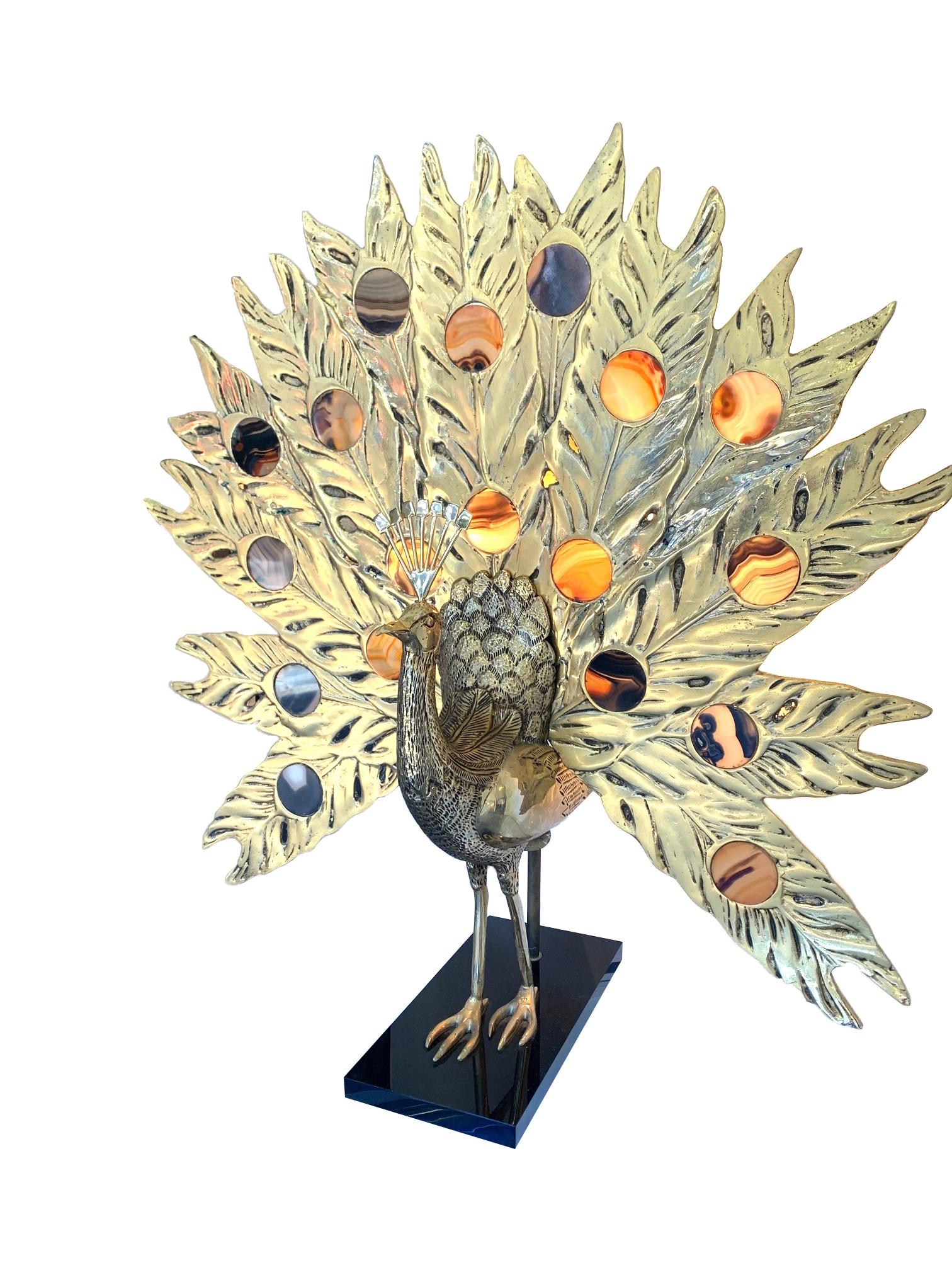 Stunning Rare Large Brass Peacock Lamp with Agate Backlit Tail by Fondica 8