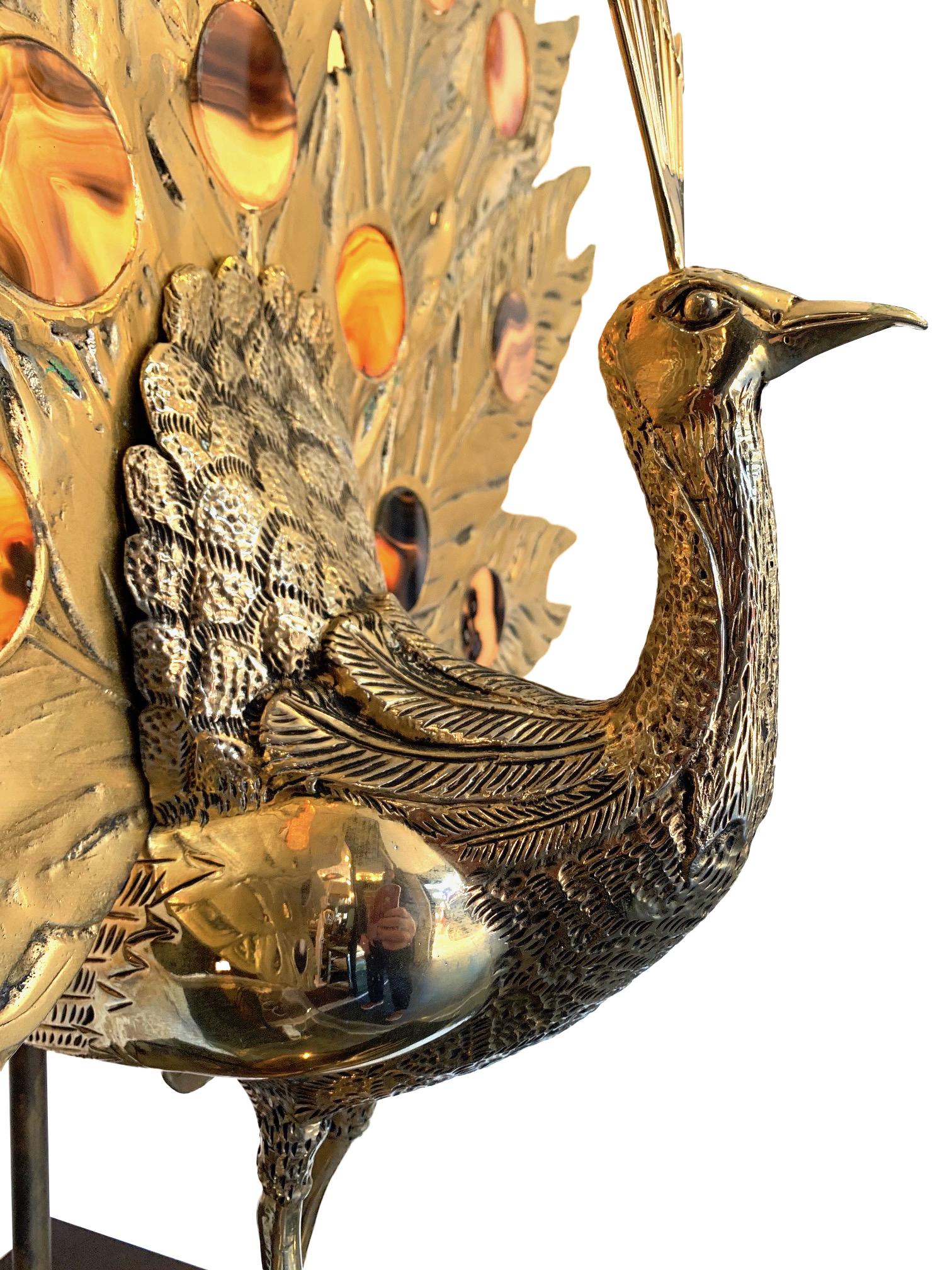 Stunning Rare Large Brass Peacock Lamp with Agate Backlit Tail by Fondica  10