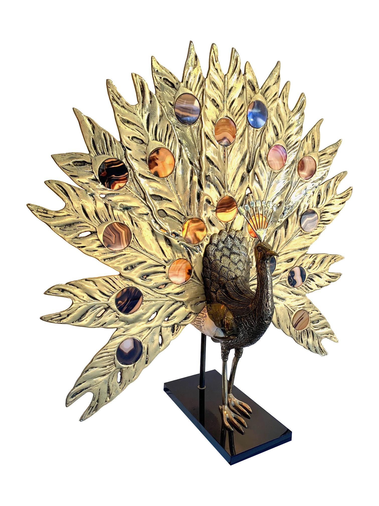 French Stunning Rare Large Brass Peacock Lamp with Agate Backlit Tail by Fondica 