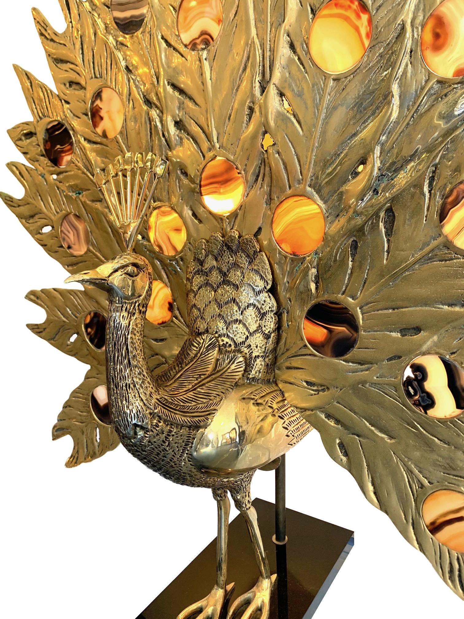 Stunning Rare Large Brass Peacock Lamp with Agate Backlit Tail by Fondica  In Good Condition In London, GB