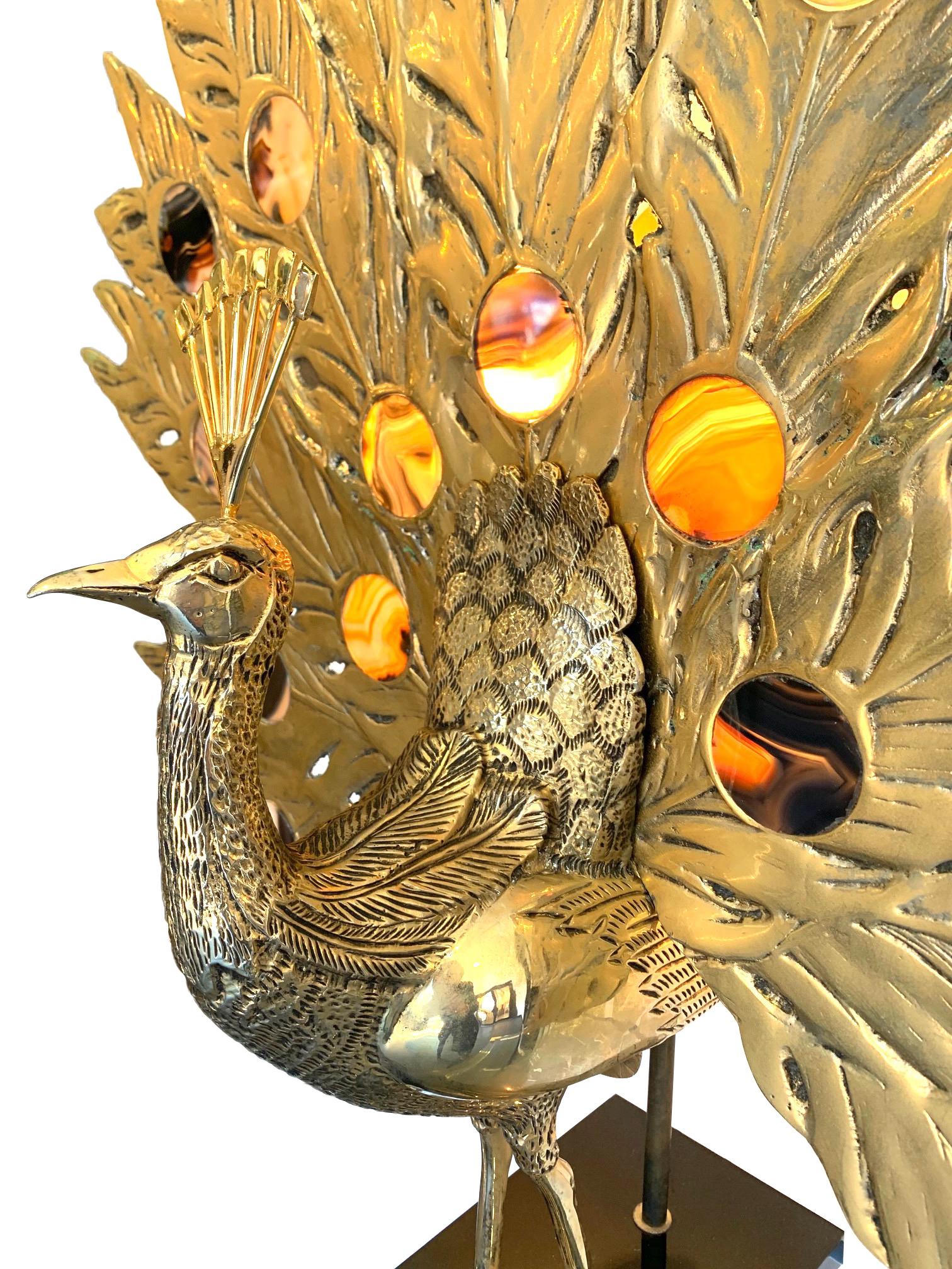 Stunning Rare Large Brass Peacock Lamp with Agate Backlit Tail by Fondica 3