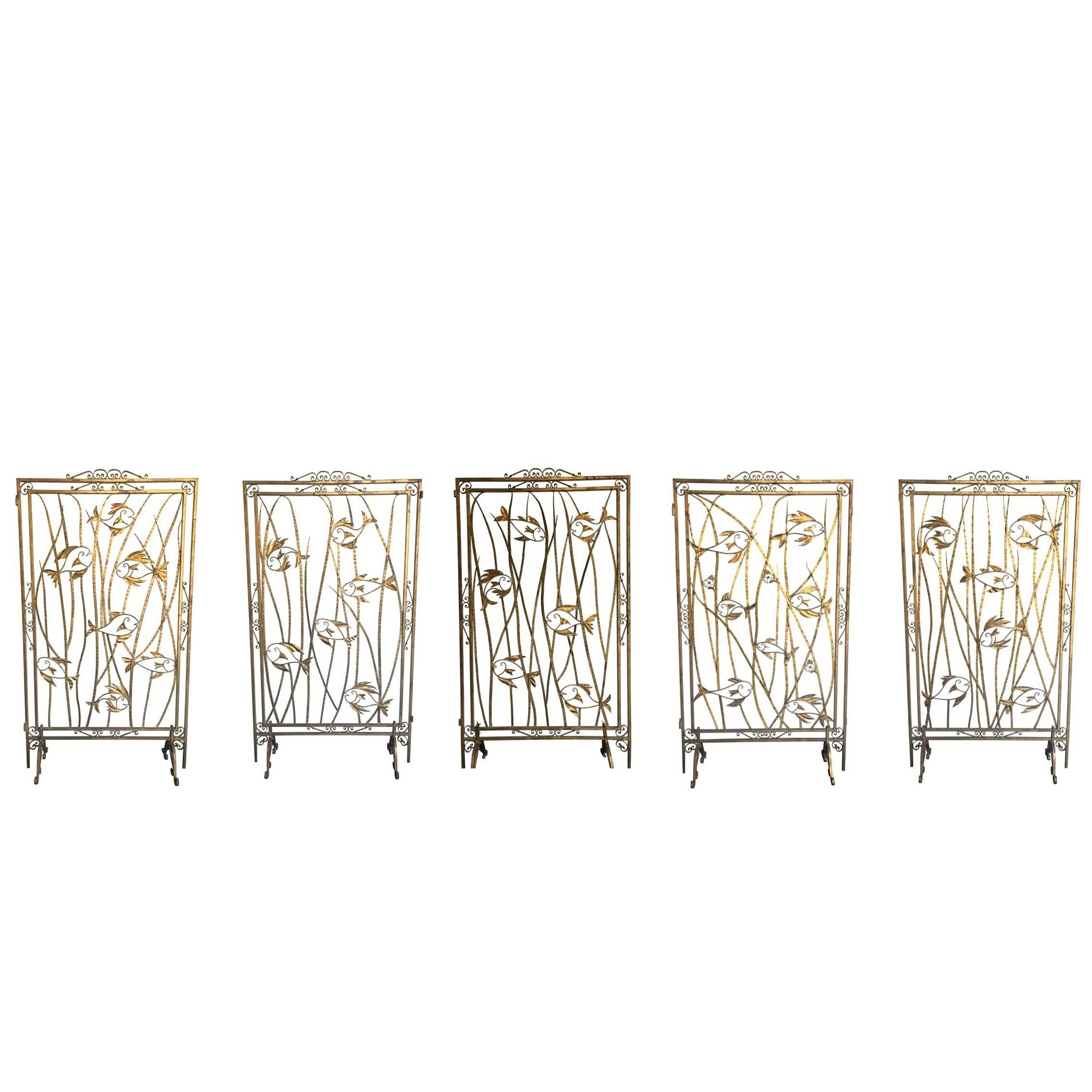 Stunning Set of Five 1950s French Gilt Metal Screen Room Dividers