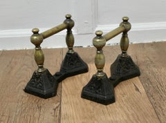 A Sturdy Pair of Victorian Brass and Iron Andirons or Fire Dogs