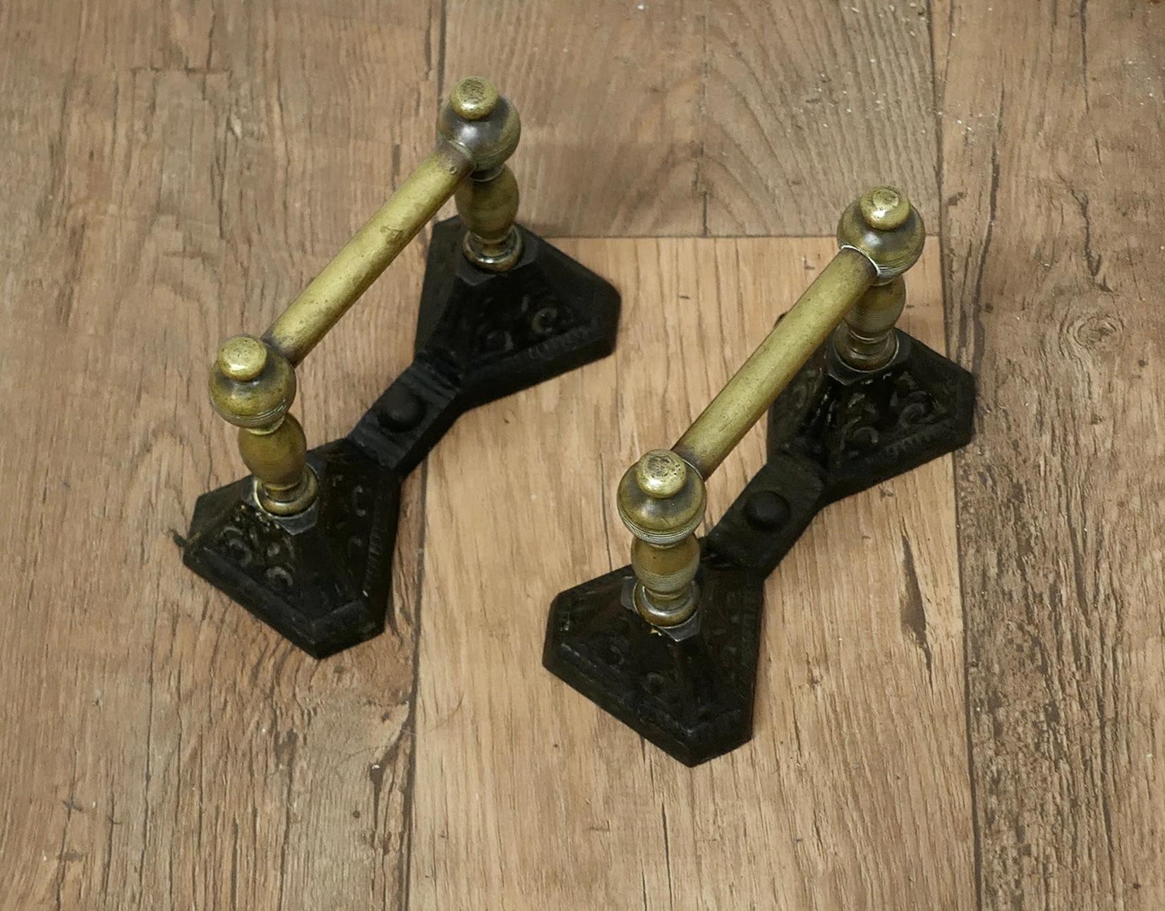 Arts and Crafts A Sturdy Pair of Victorian Brass and Iron Andirons or Fire Dogs    For Sale