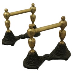 Used Sturdy Pair of Victorian Brass and Iron Andirons or Fire Dogs