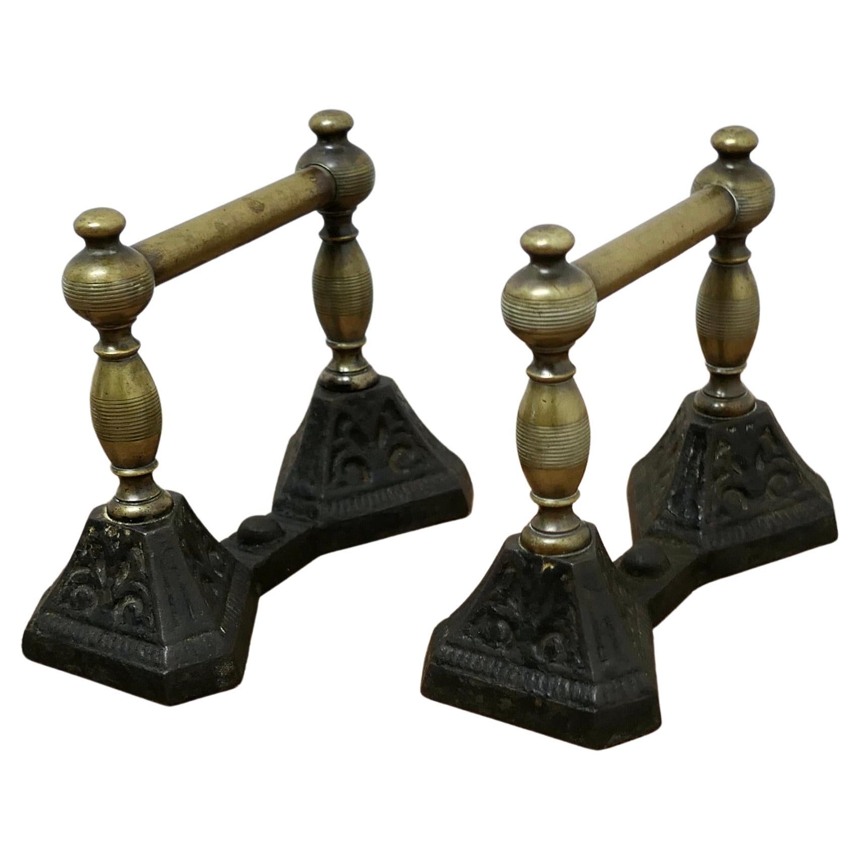 A Sturdy Pair of Victorian Brass and Iron Andirons or Fire Dogs   