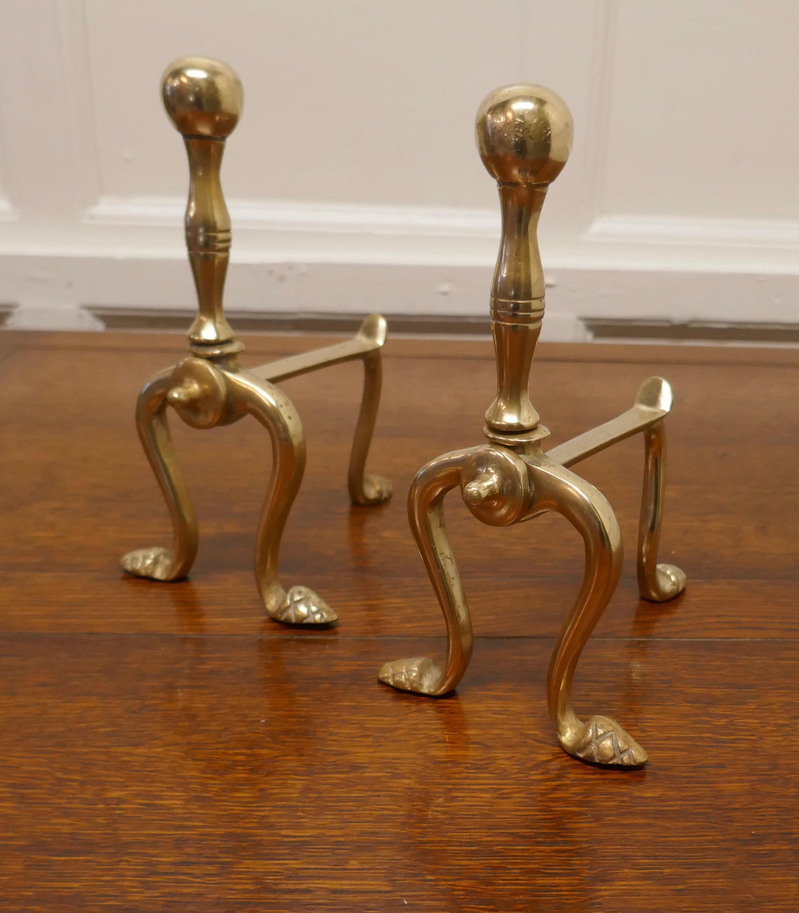 Arts and Crafts Sturdy Pair of Victorian Brass Andirons or Fire Dogs