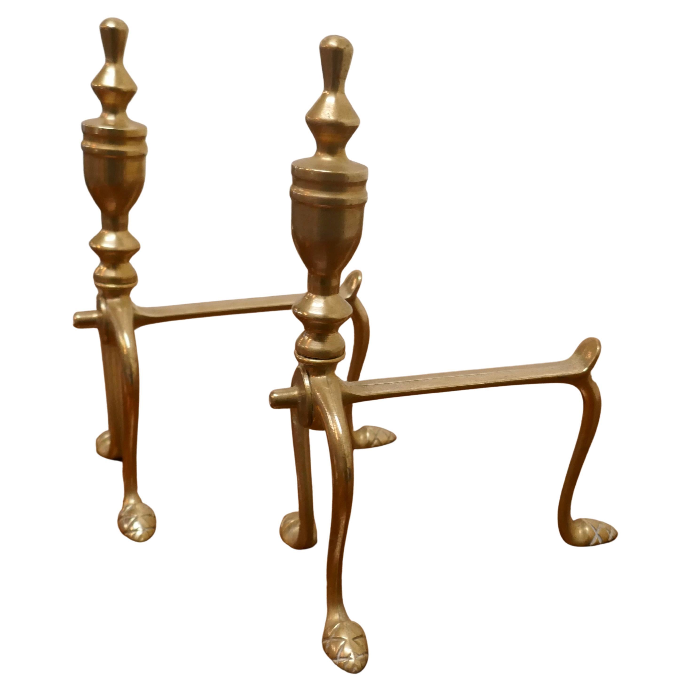 Sturdy Pair of Victorian Brass Andirons or Fire Dogs