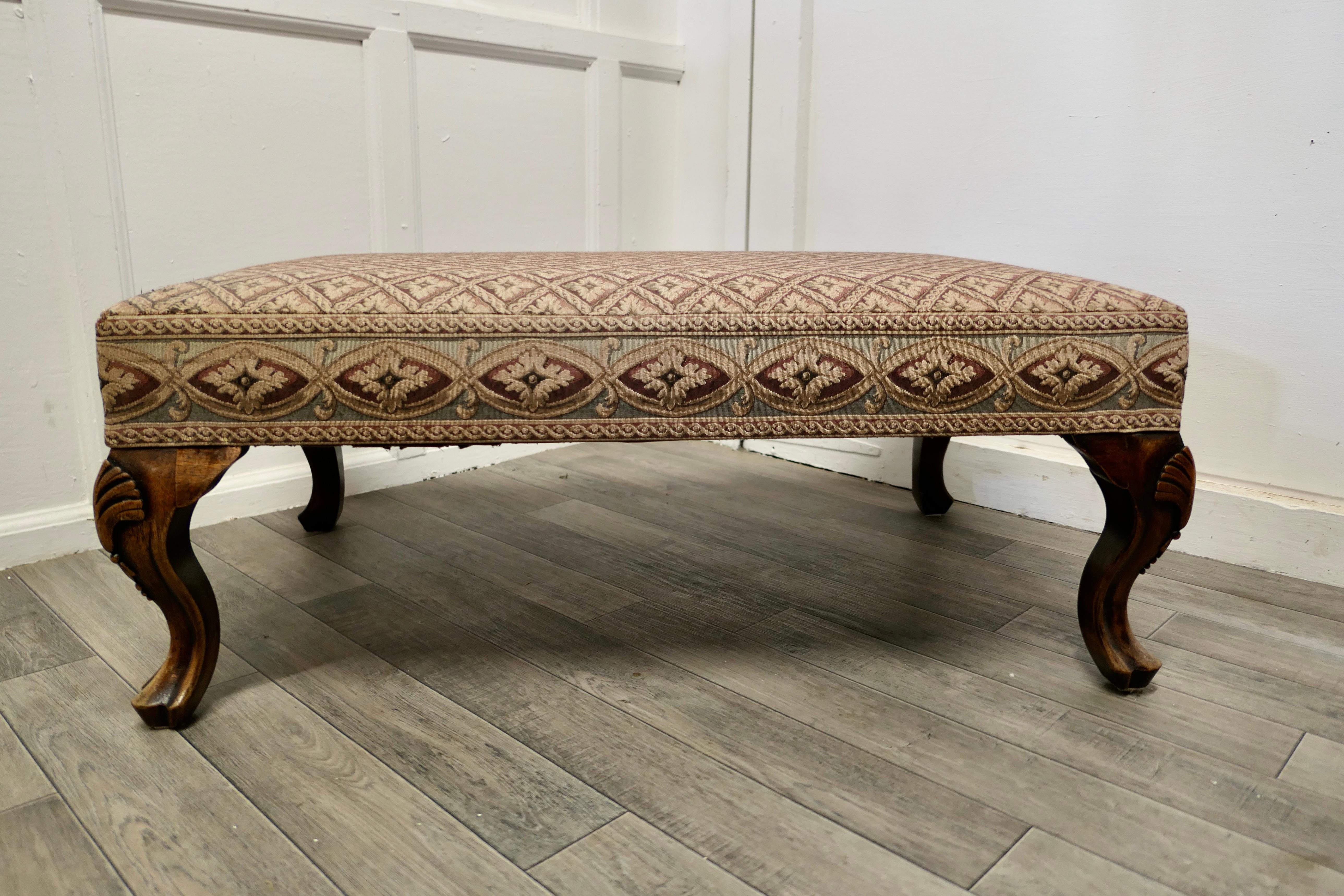 A sturdy walnut upholstered library stool.

This very attractive stool has been upholstered with a simulated petit point tapestry upholstery, this would make a super coffee table with the addition of a glass top.

A Lovely piece, the stool