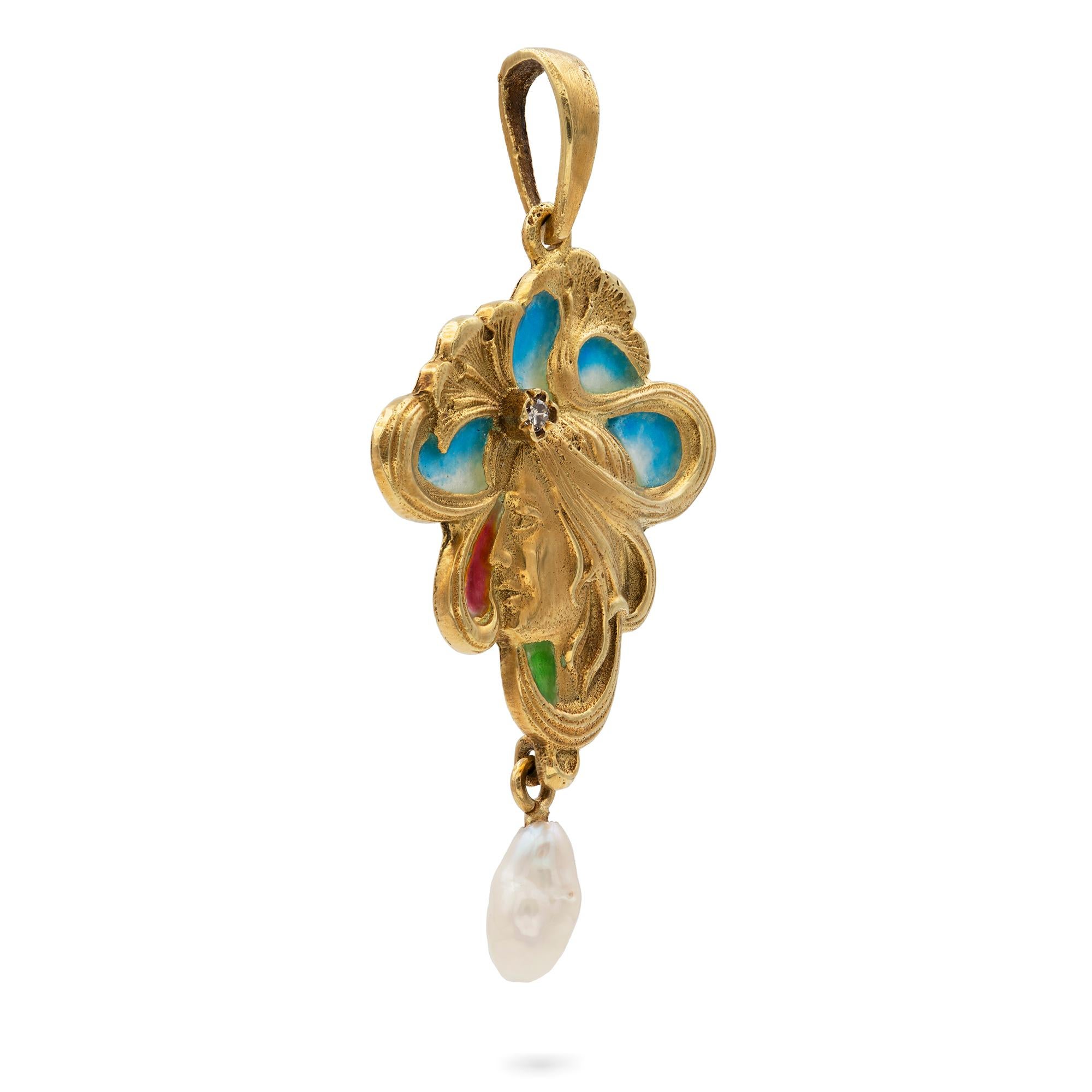 A stylised Art Nouveau pendant, depicting a lady in profile with floral decorations and an old-cut diamond set on the forehead, all with blue, red and green plique-a-jour enamel, suspending a freshwater pearl, all mounted in yellow gold, measuring