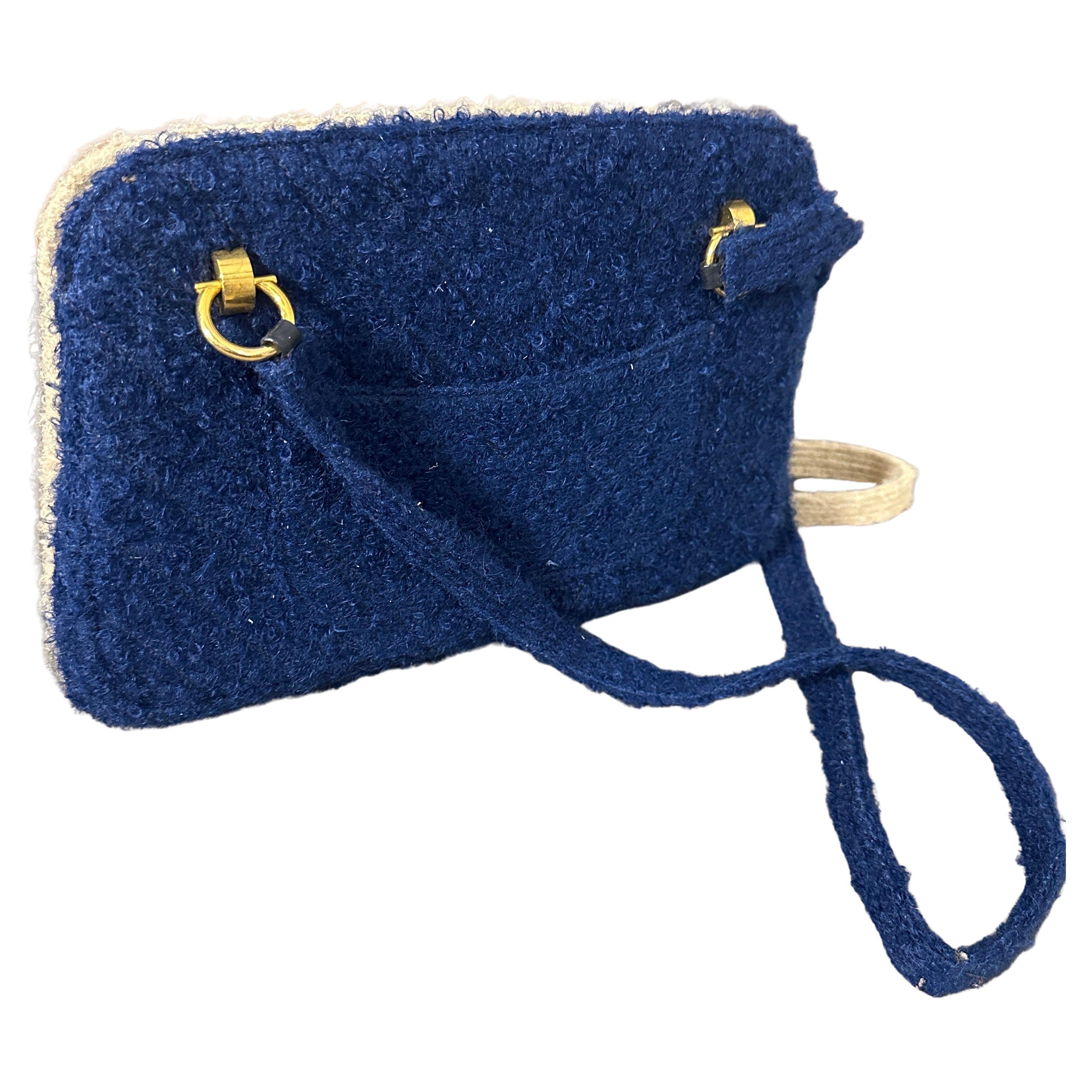 A Stylish 1960s Blue and Creamy Fabric Double-Face Italian Hand-Bag For Sale