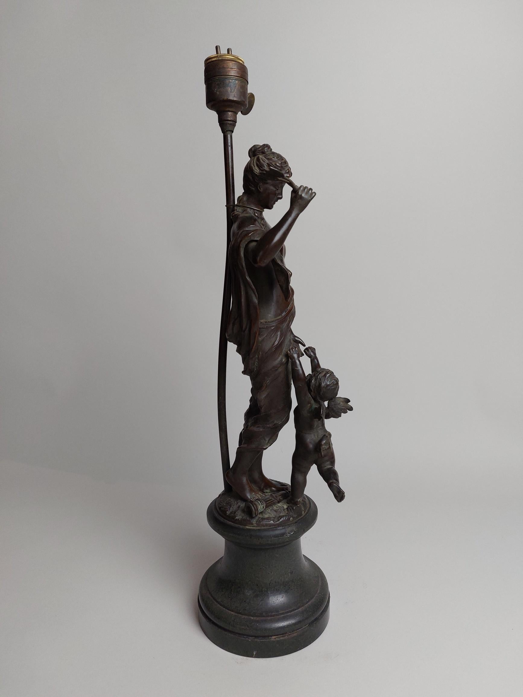 European Stylish 19th Century Bronze Lamp Base of a Half Nude Lady with Cherub For Sale