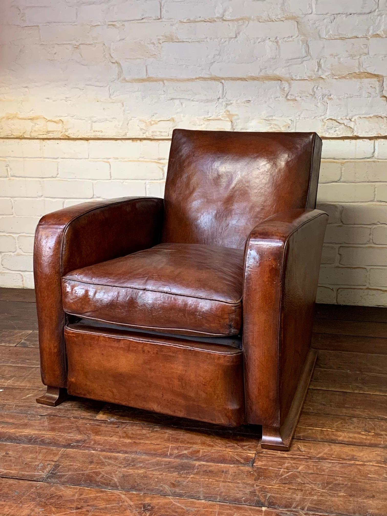 A Stylish & Rare French Leather club Chair, Art Deco Model, Circa 1930’s

This fabulous and extremely rare chair looks great from every angle. The all-original leather has aged and patinated beautifully. The colour is best described as chestnut