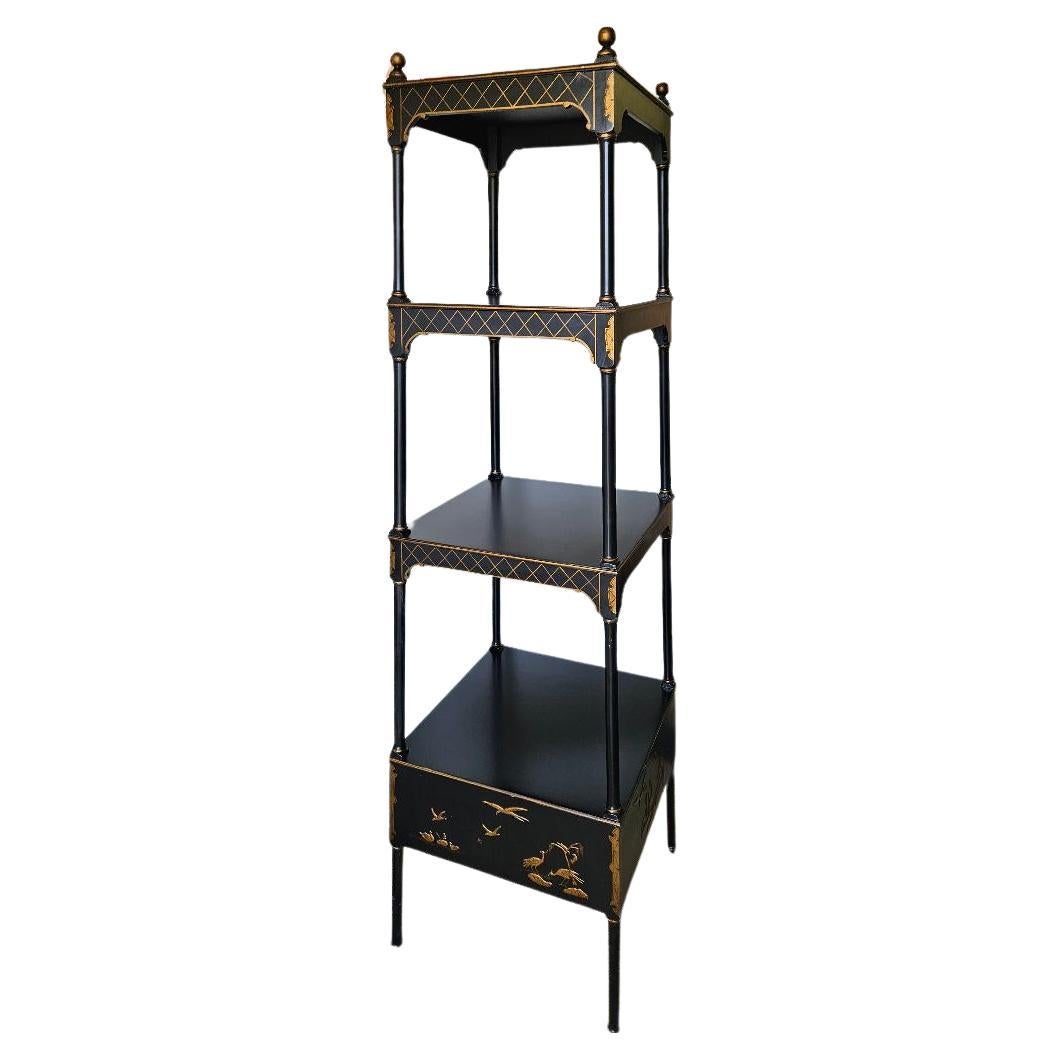A Stylish Chelsea House Ebonized Chinoiserie Three Tiered Etagere For Sale