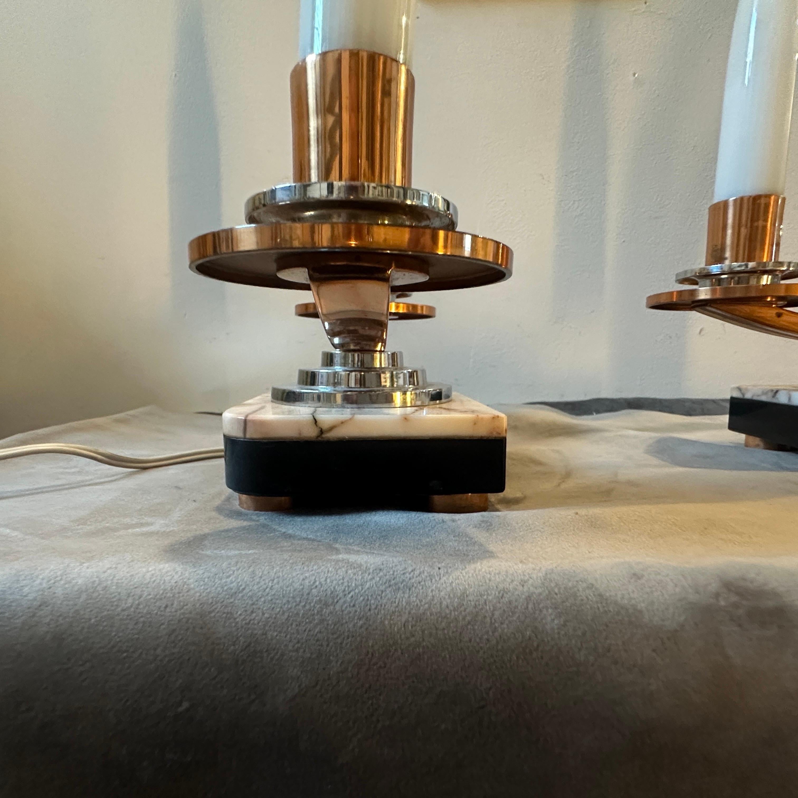A Pair of 1930s Art Deco Marble, Copper, Steel and Glass French Table Lamps For Sale 6
