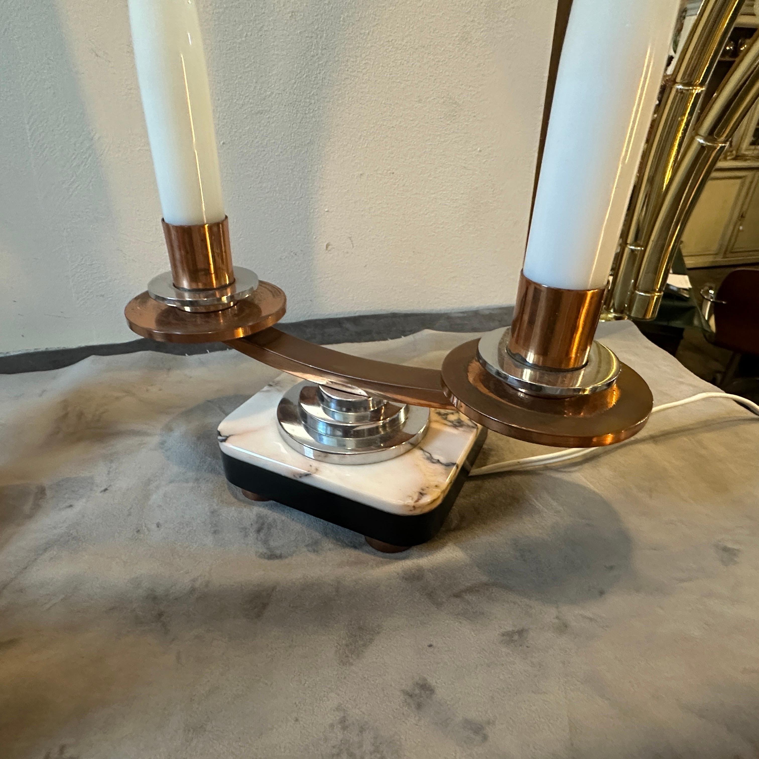 A Pair of 1930s Art Deco Marble, Copper, Steel and Glass French Table Lamps For Sale 7