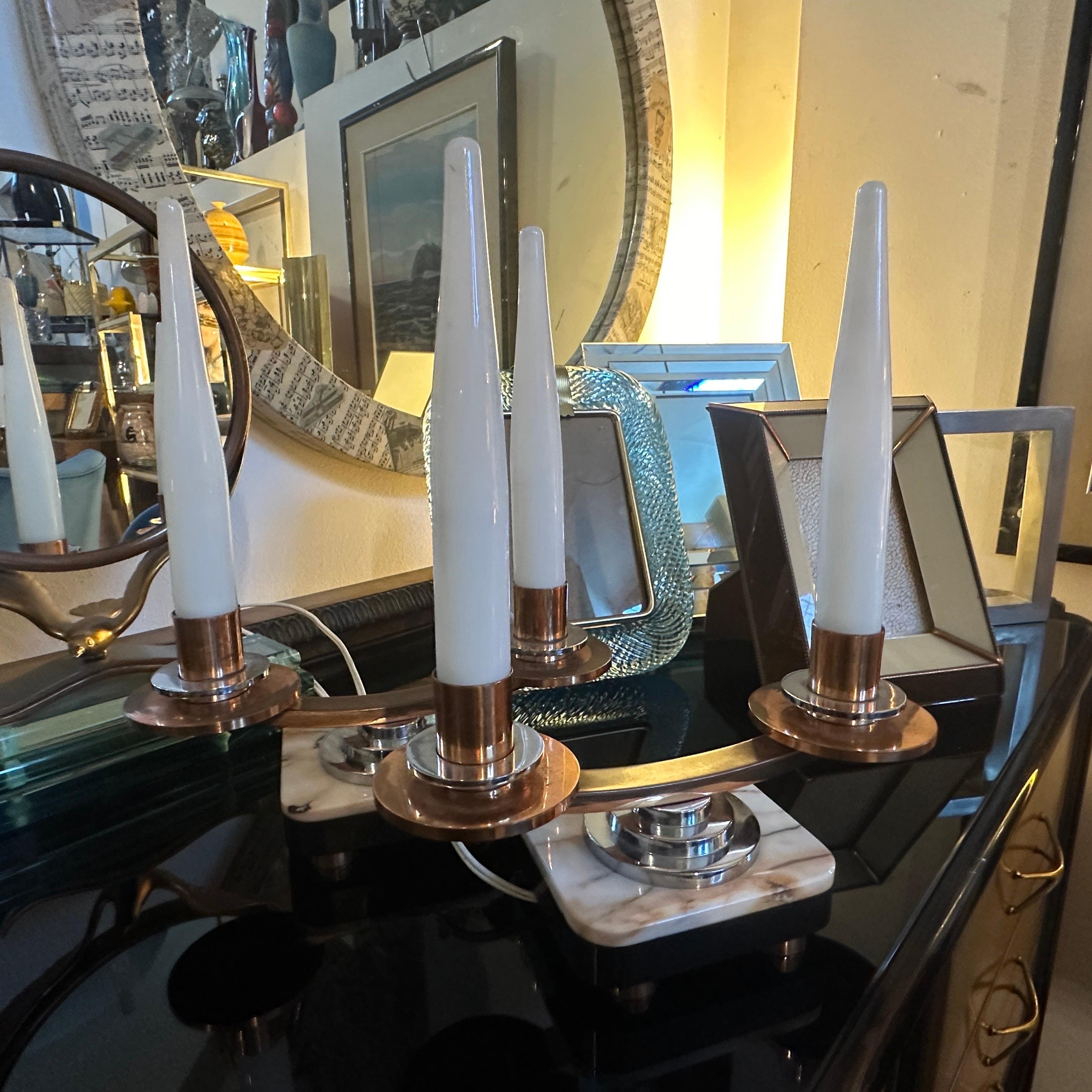 A Pair of 1930s Art Deco Marble, Copper, Steel and Glass French Table Lamps For Sale 9