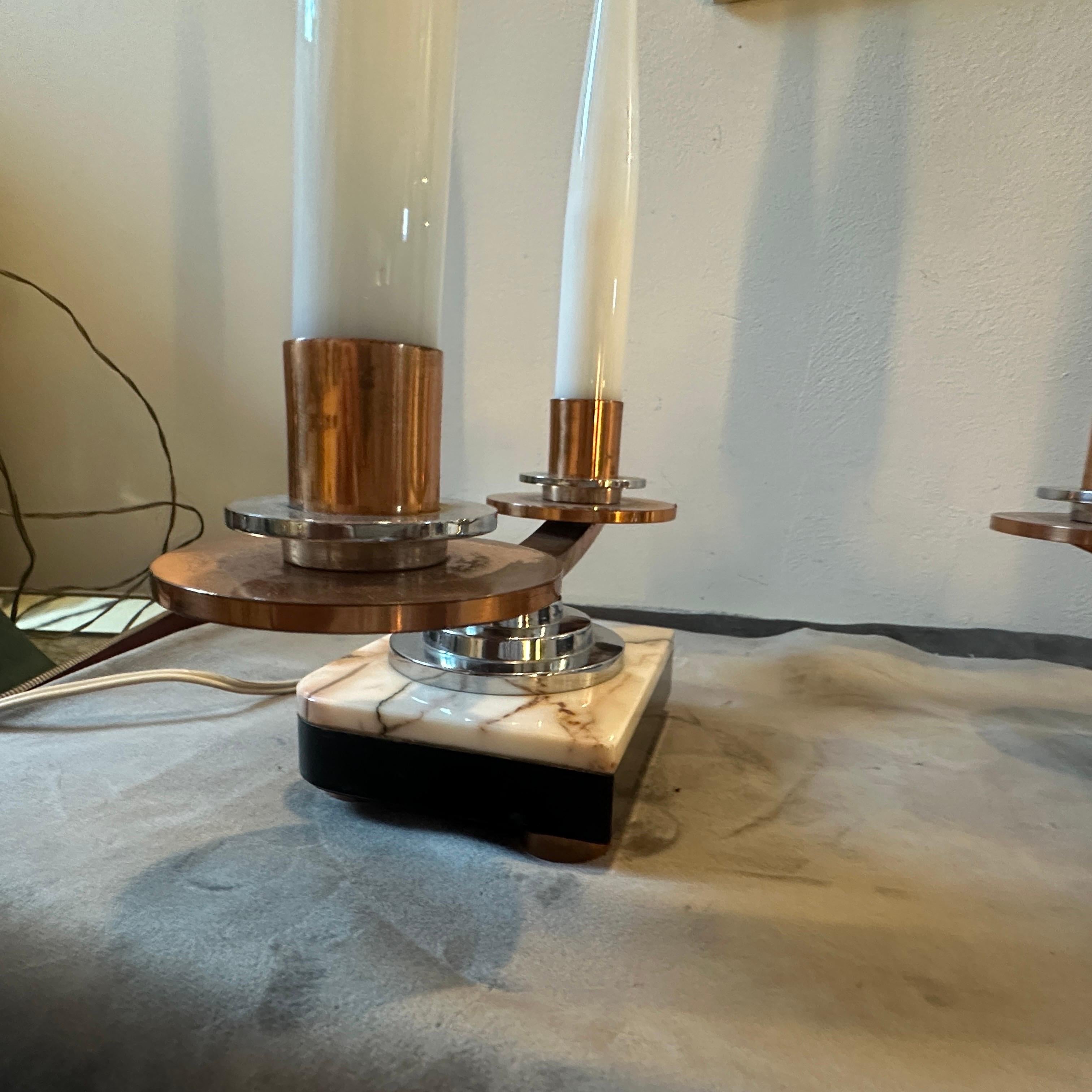 A Pair of 1930s Art Deco Marble, Copper, Steel and Glass French Table Lamps For Sale 10
