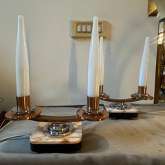 A Pair of 1930s Art Deco Marble, Copper, Steel and Glass French Table Lamps
