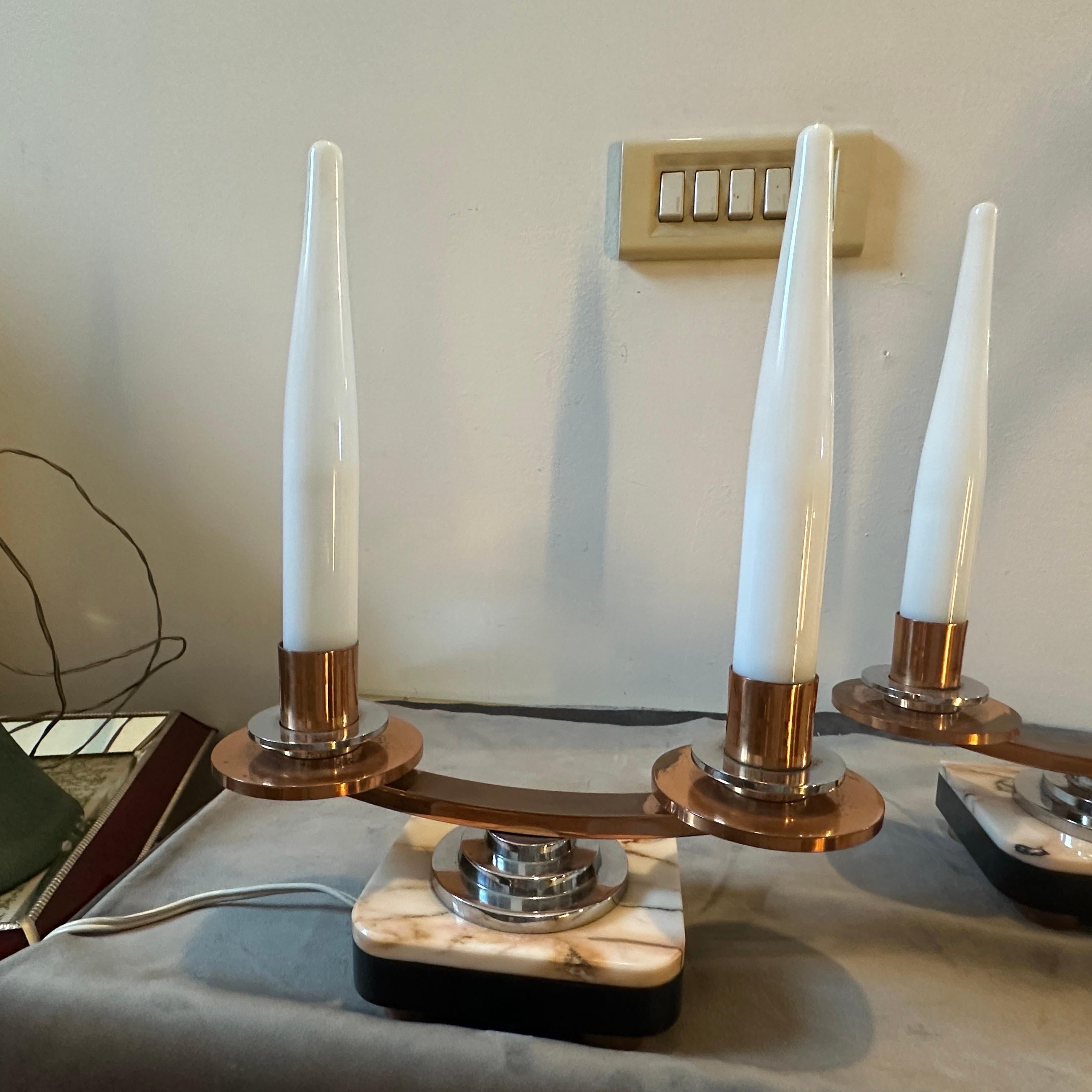 20th Century A Pair of 1930s Art Deco Marble, Copper, Steel and Glass French Table Lamps For Sale