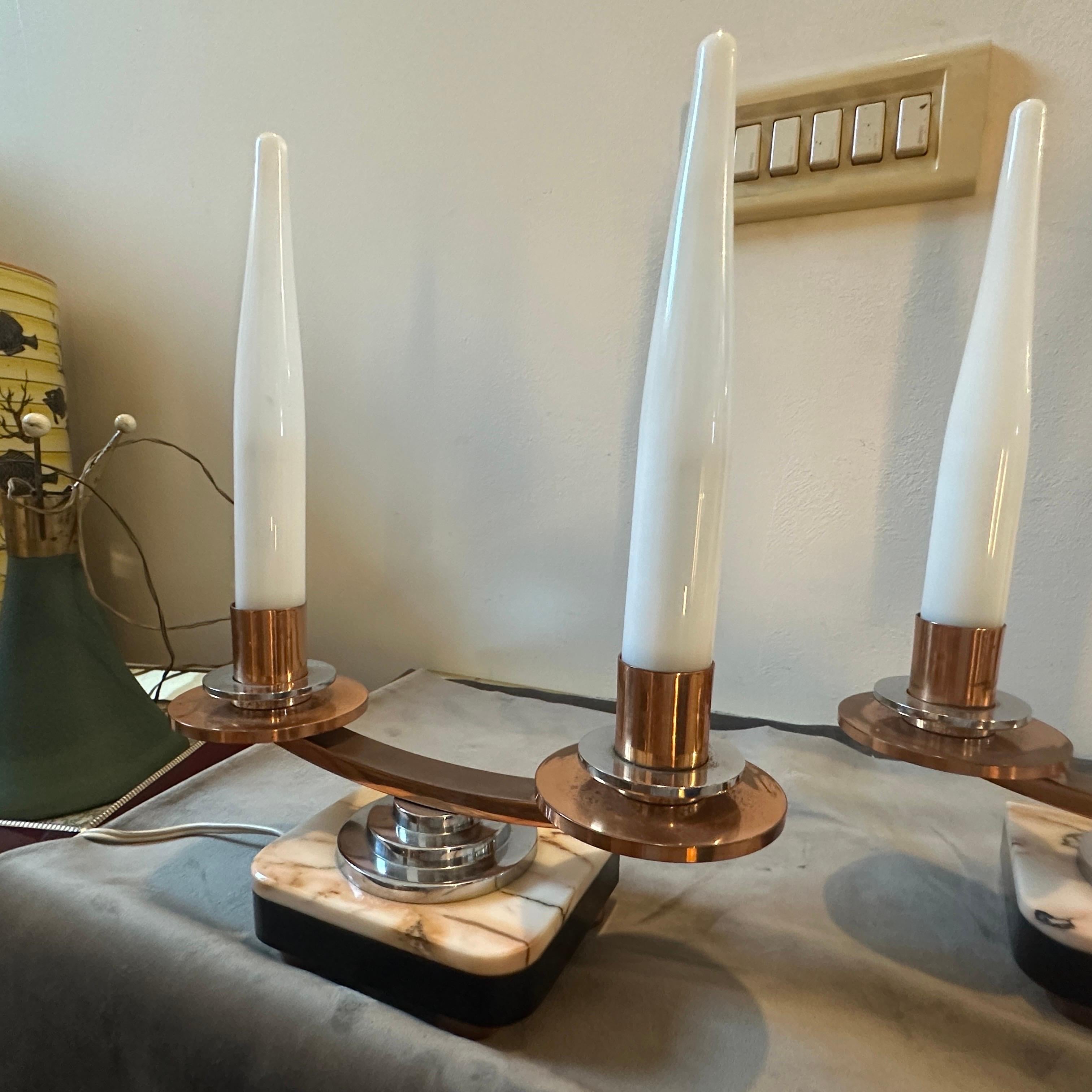 A Pair of 1930s Art Deco Marble, Copper, Steel and Glass French Table Lamps For Sale 1