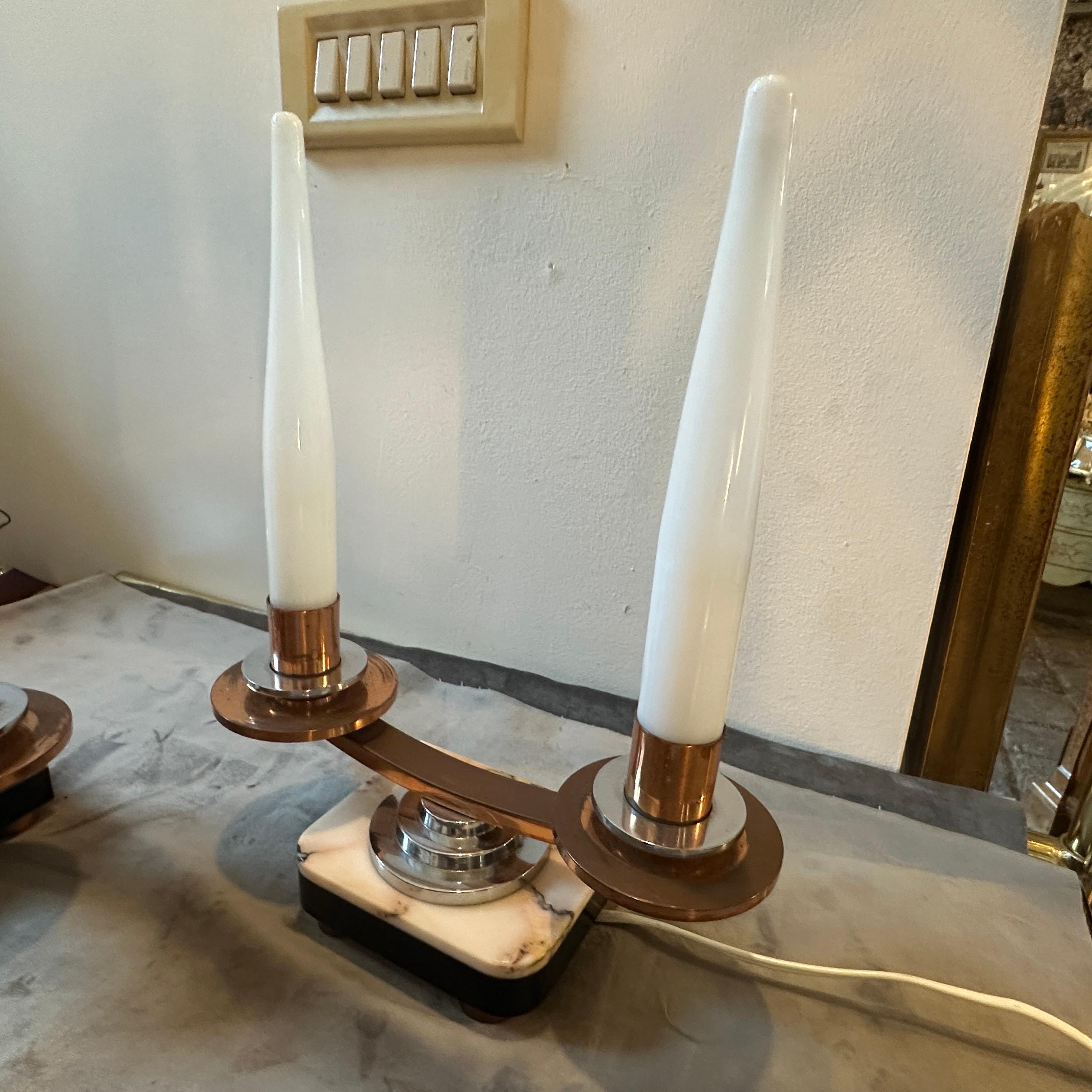 A Pair of 1930s Art Deco Marble, Copper, Steel and Glass French Table Lamps For Sale 3