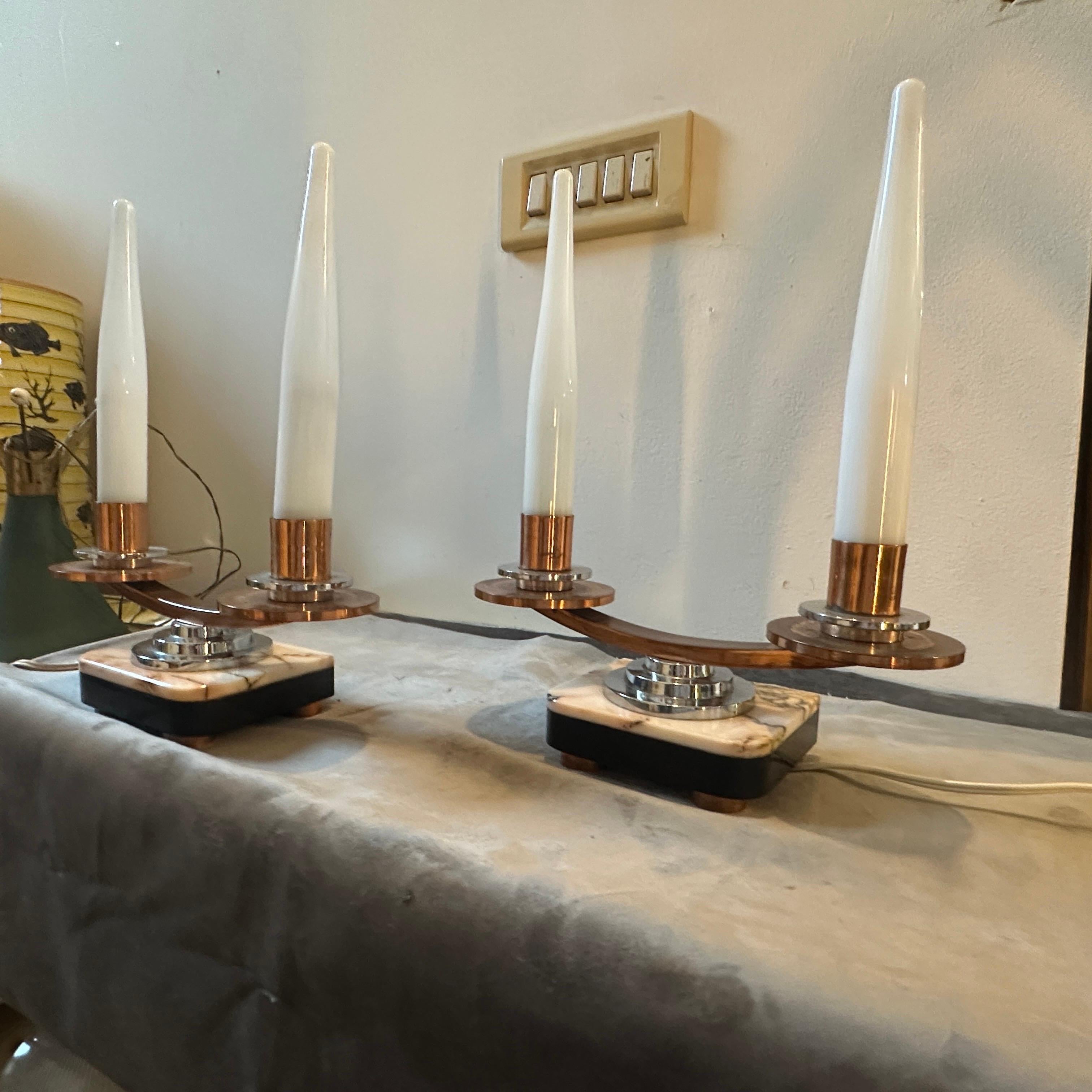 A Pair of 1930s Art Deco Marble, Copper, Steel and Glass French Table Lamps For Sale 4
