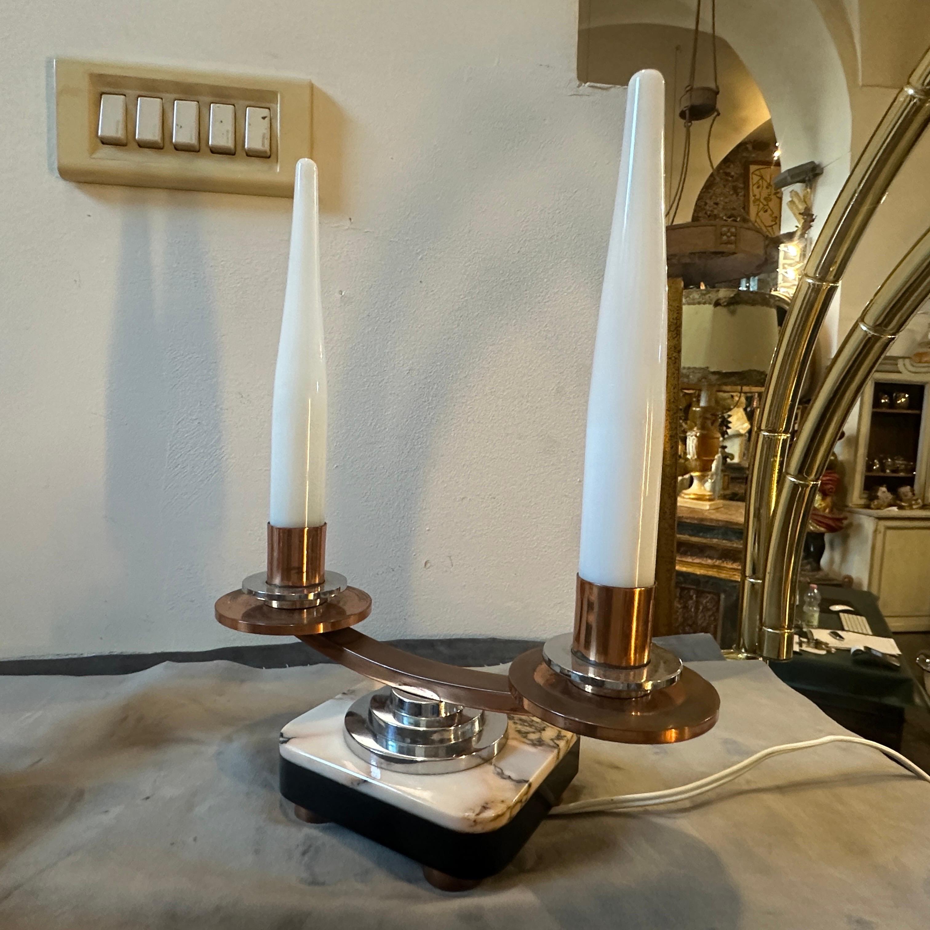 A Pair of 1930s Art Deco Marble, Copper, Steel and Glass French Table Lamps For Sale 5
