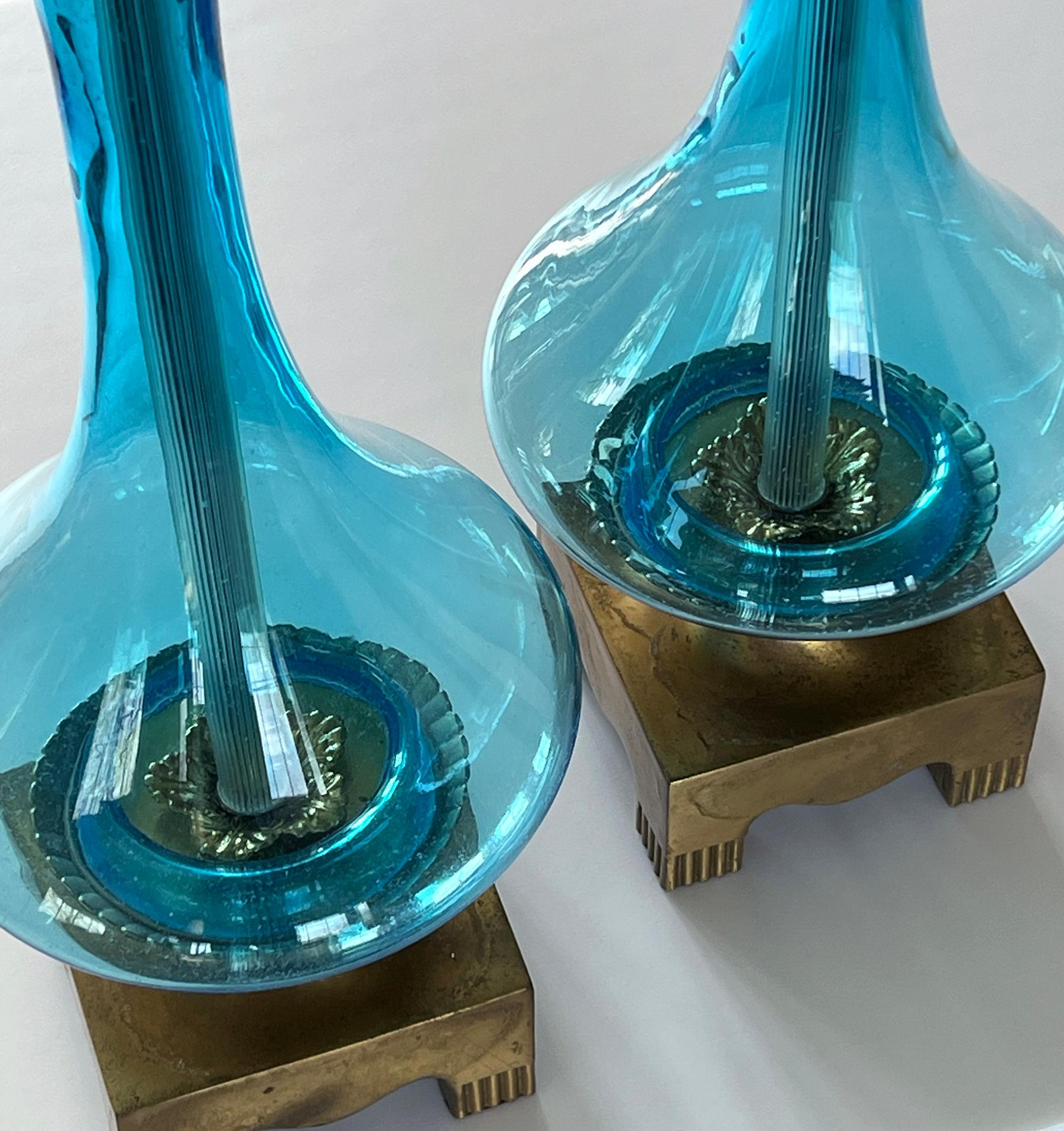 Hand-Crafted A Stylish Pair of Cerulean Blue Clear Glass Bottle-form Lamps For Sale