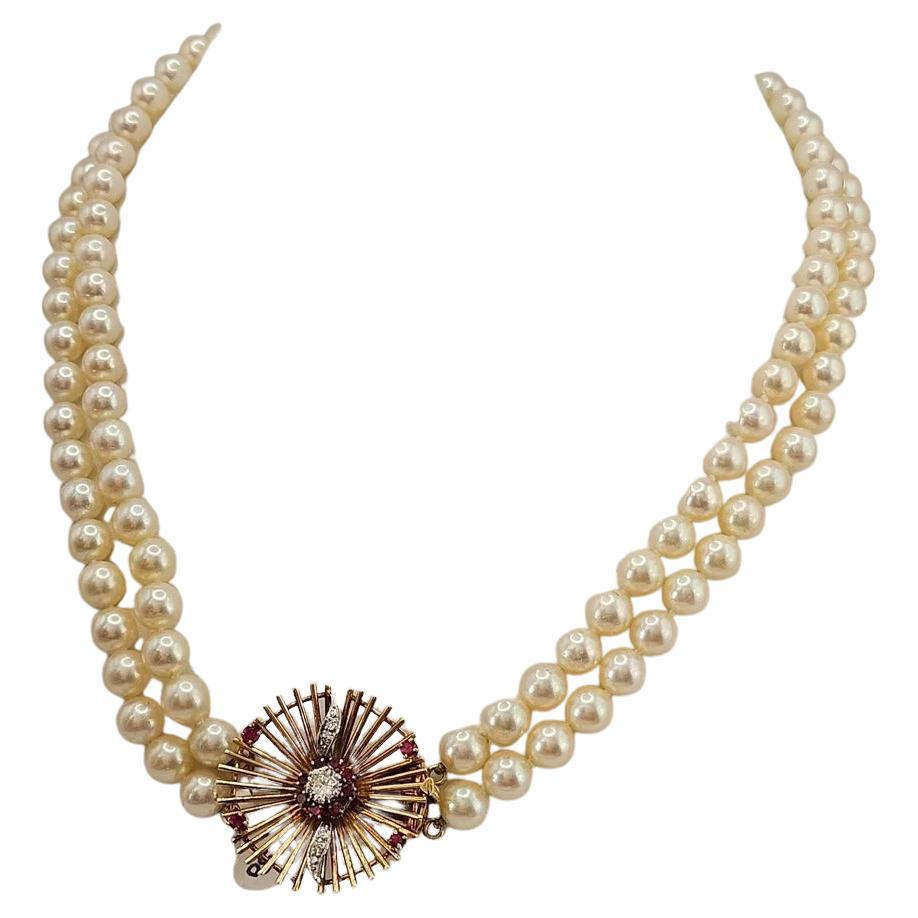 A Stylish Vintage Diamond Ruby & Cultured Pearl Necklace For Sale