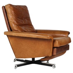 Used A Stylish1970s Mid-Century Tan Leather Full Recliner Swivel Chair