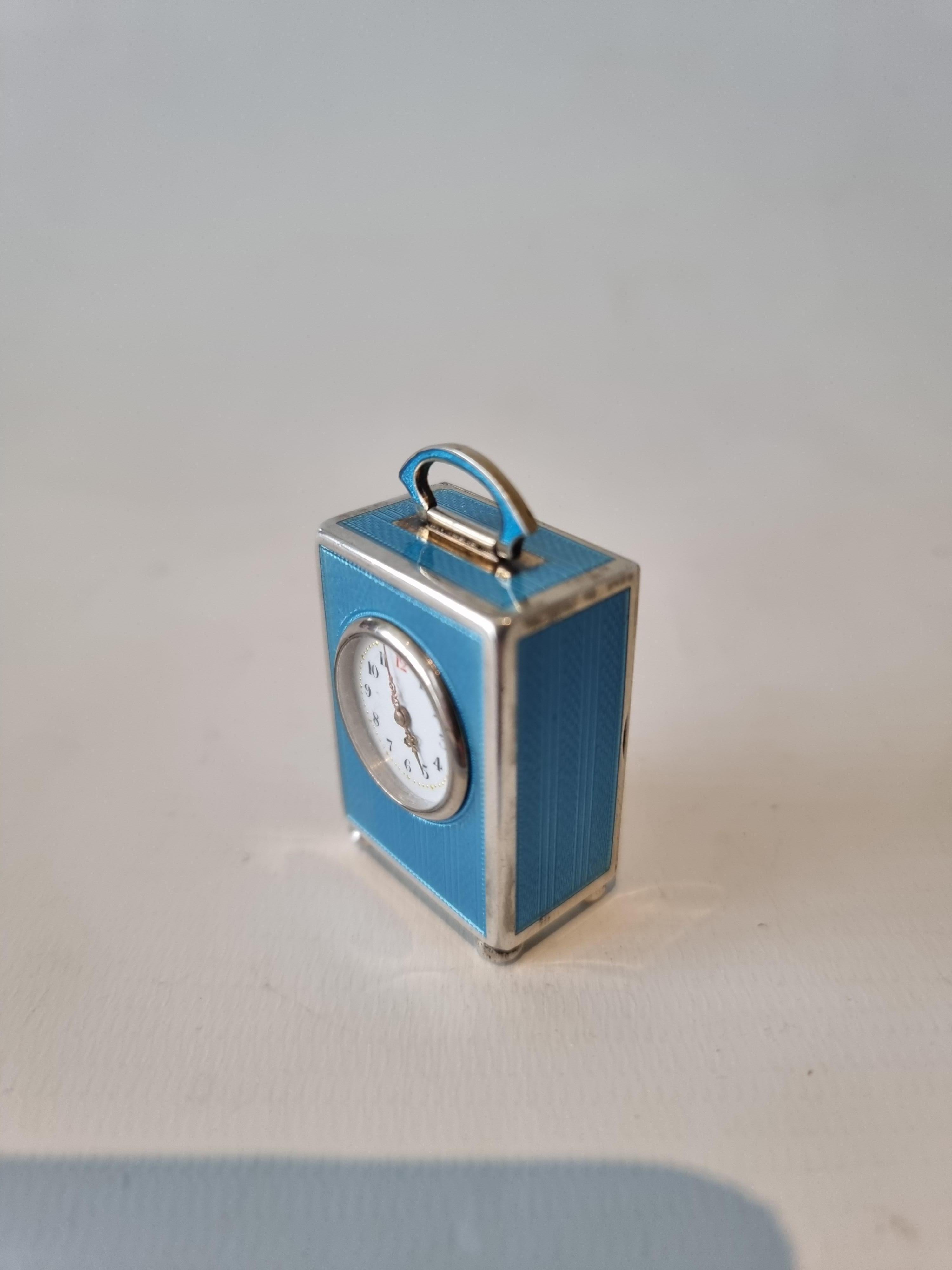 A Sub Miniature Silver and Blue Guilloche enamel Carriage Clock in Case In Good Condition For Sale In London, GB