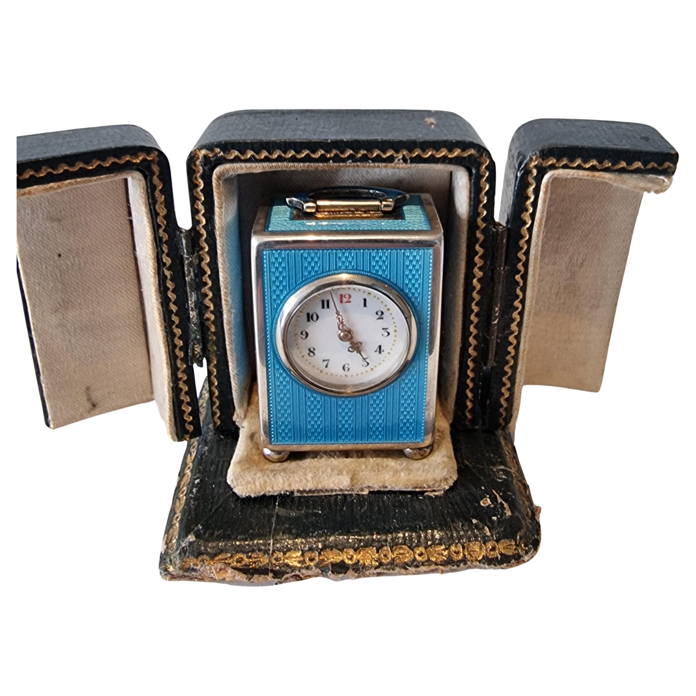 A Sub Miniature Silver and Blue Guilloche enamel Carriage Clock in Case For Sale