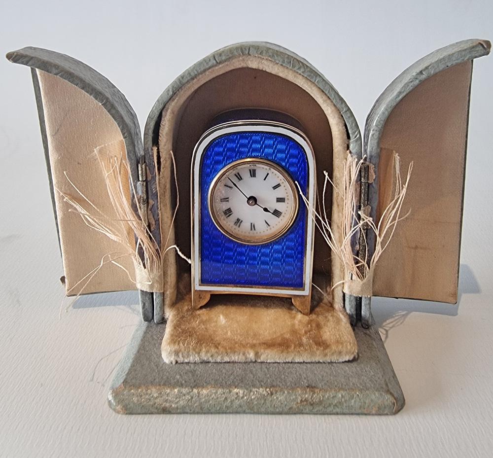 French A Sub Miniature Silver Gilt and blue Guilloche enamel Carriage Clock For Sale