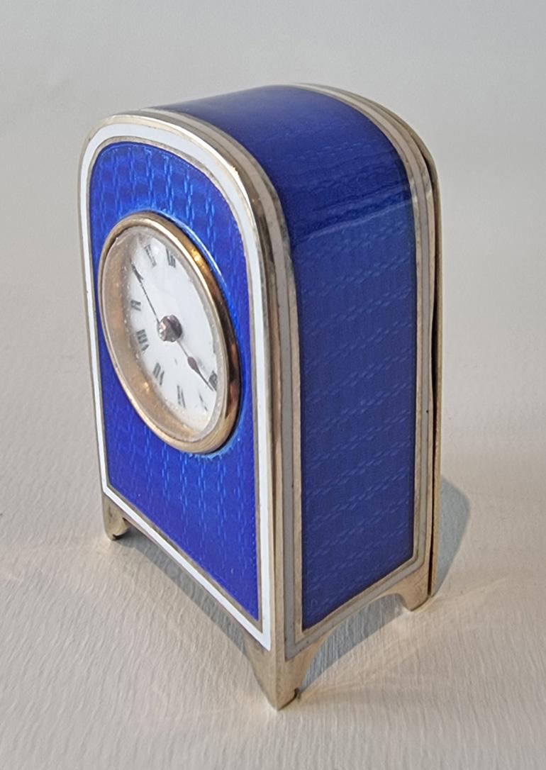 Early 20th Century A Sub Miniature Silver Gilt and blue Guilloche enamel Carriage Clock For Sale