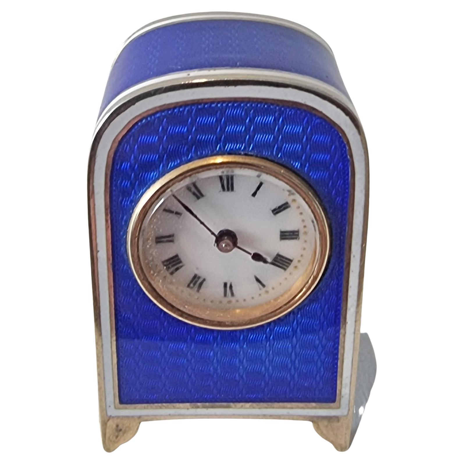 A Sub Miniature Silver Gilt and blue Guilloche enamel Carriage Clock For Sale