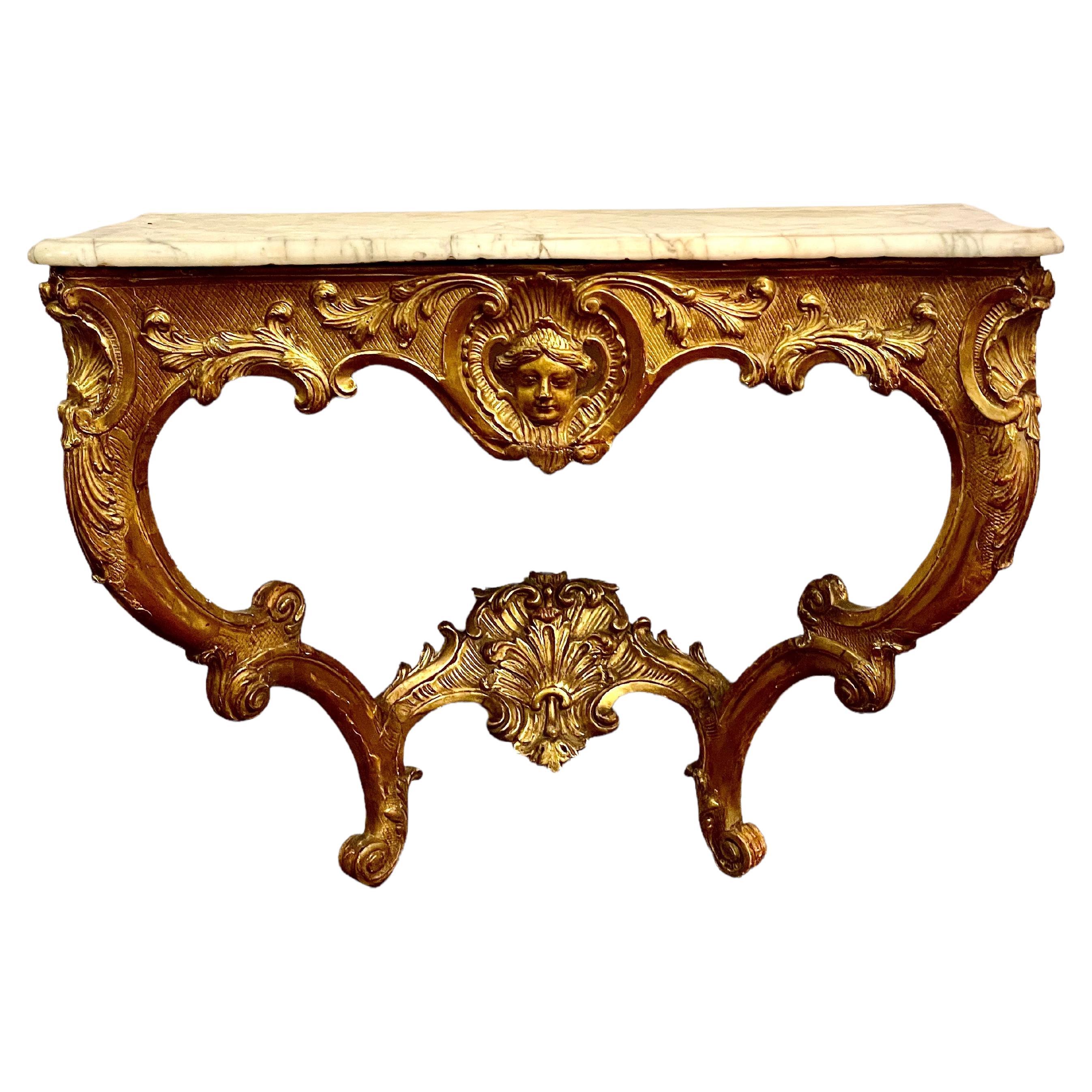French Louis XV Period Giltwood Console Table, with A Marble Top. 