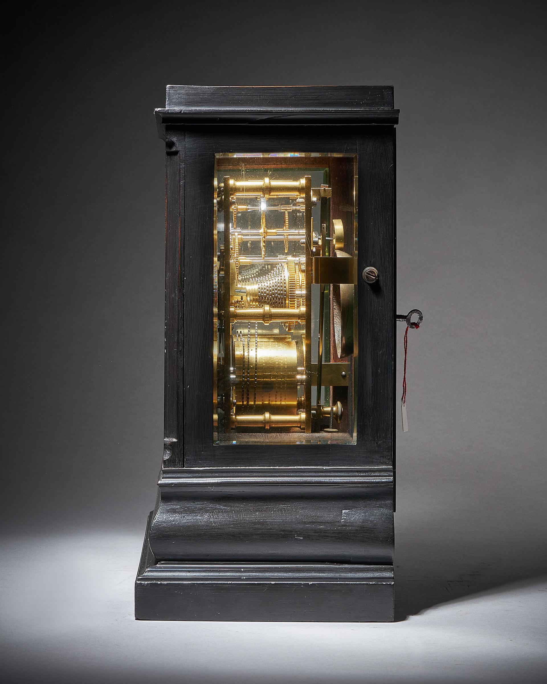 Early Victorian Substantial 19th C. Ebonised Eight Day Library Table Clock by Moreland Chester